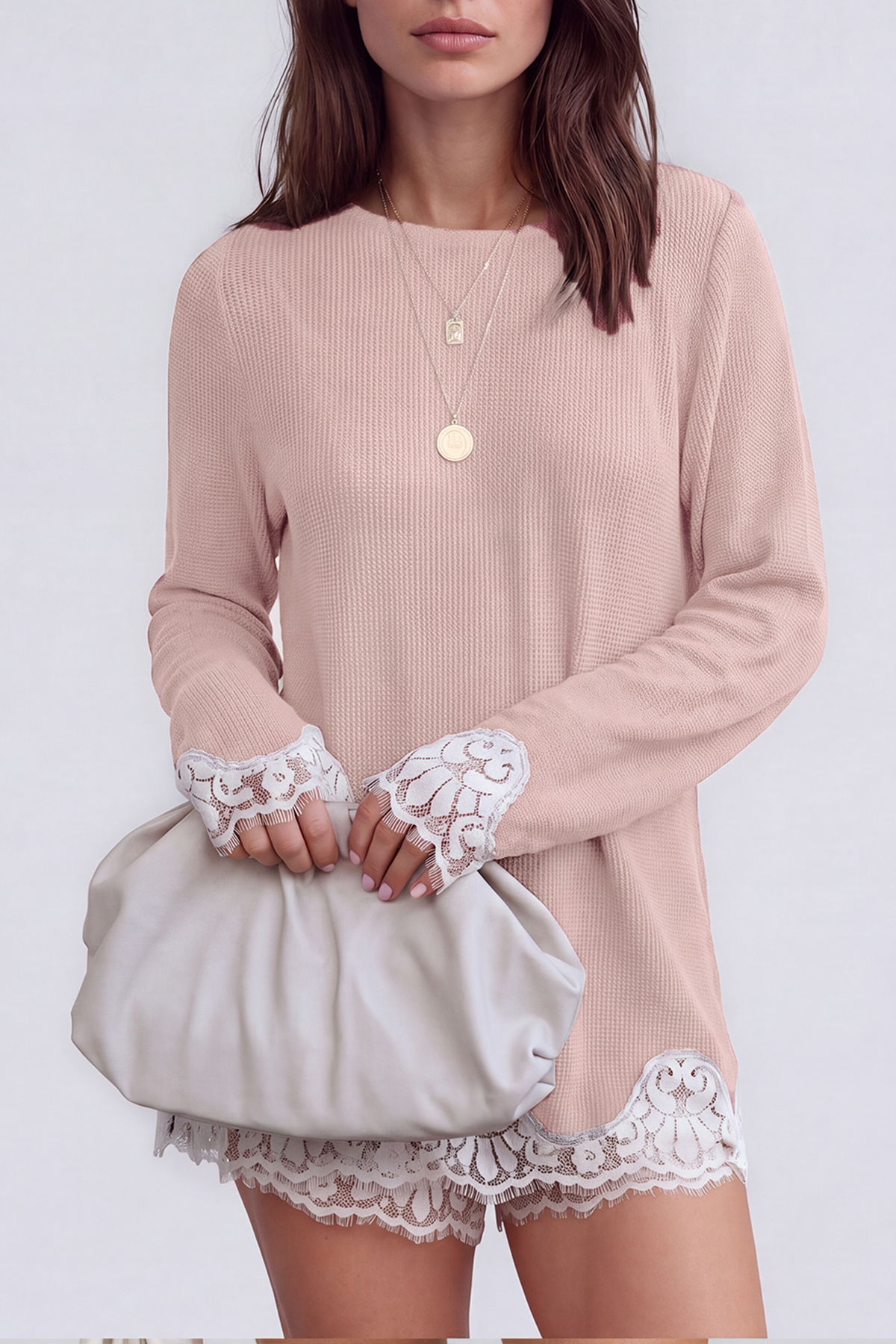 Kikuyo Knit Lace Shorts Set In Pink