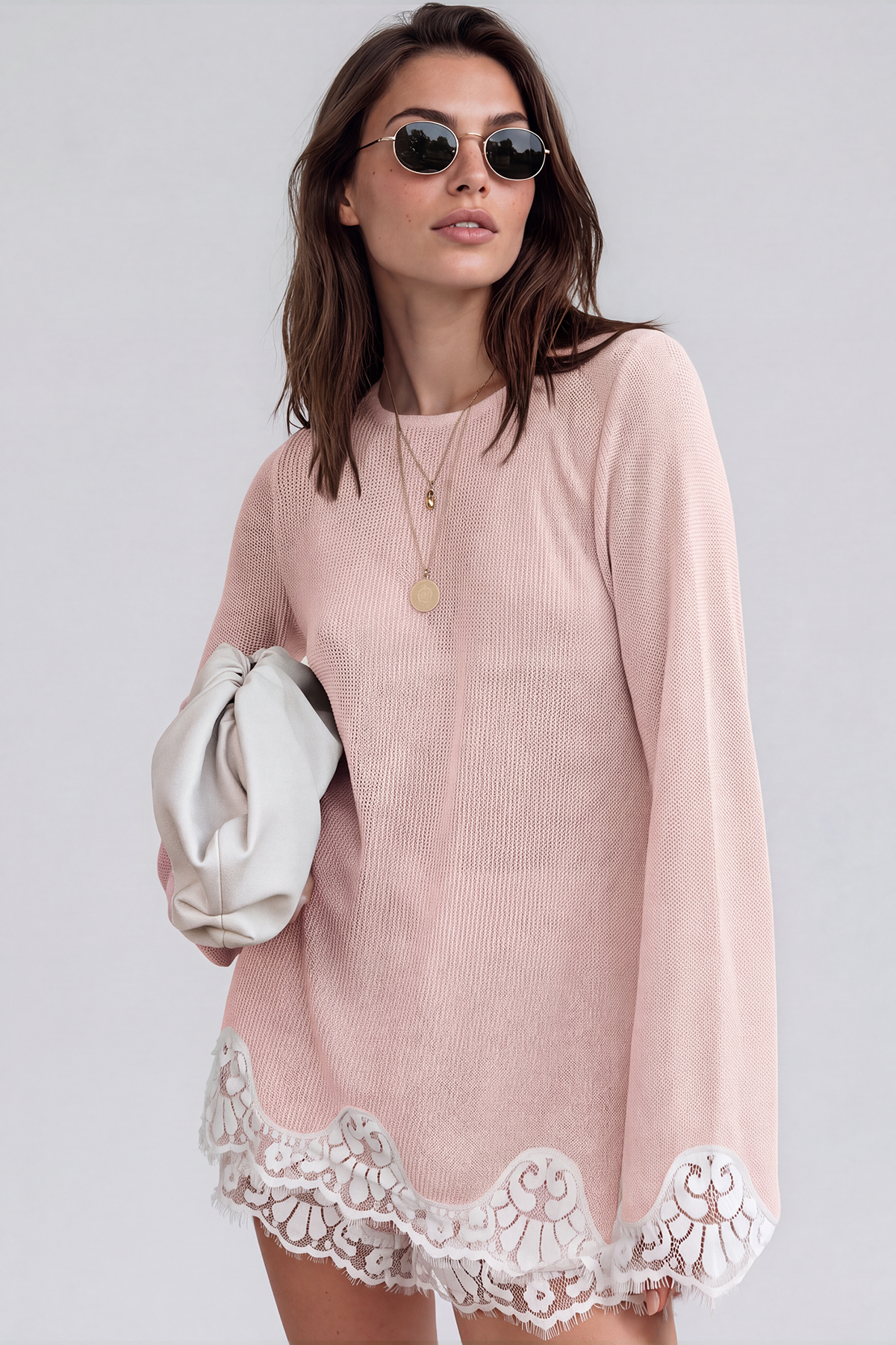 Kikuyo Knit Lace Shorts Set In Pink