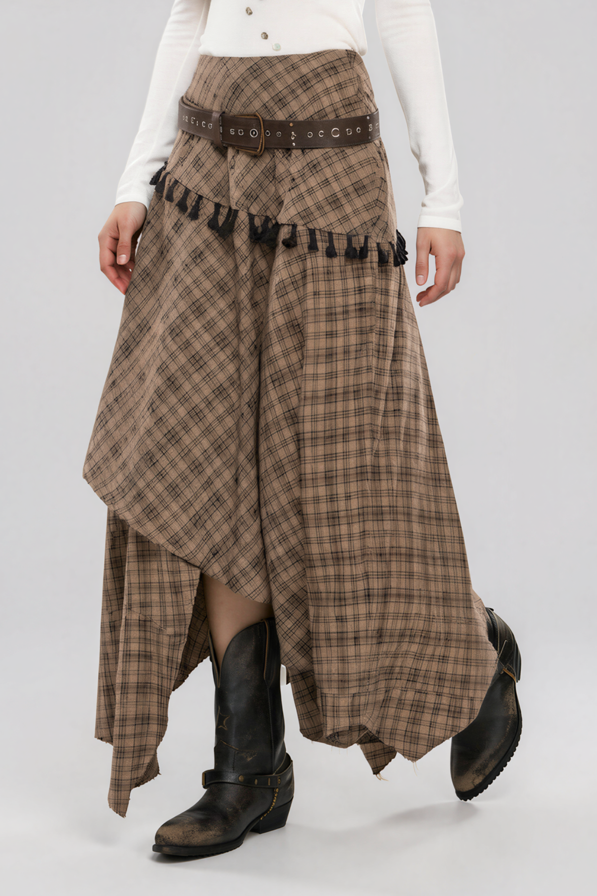 Kimamana Asymmetric Grid Belt Maxi Skirt