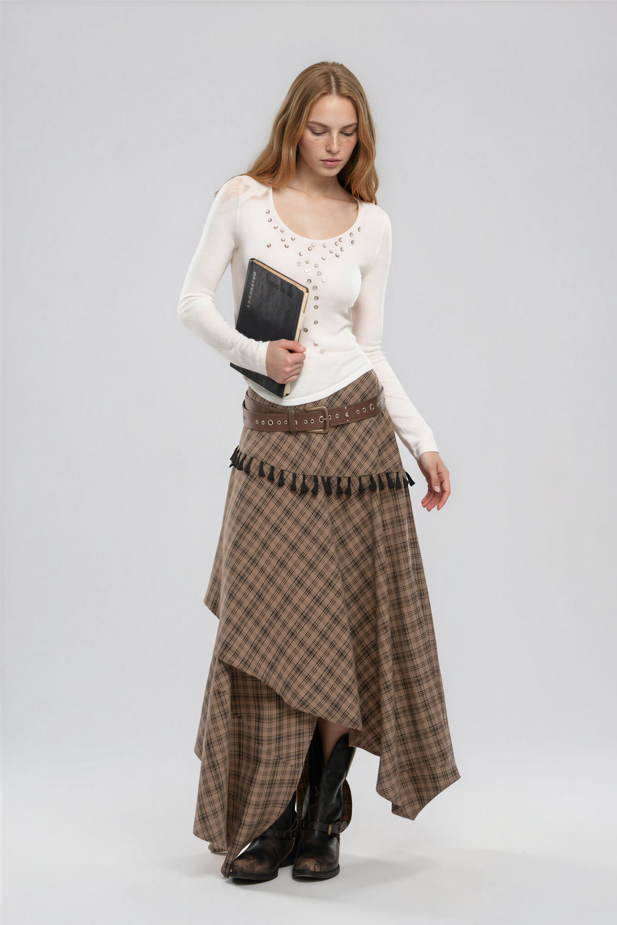 Kimamana Asymmetric Grid Belt Maxi Skirt