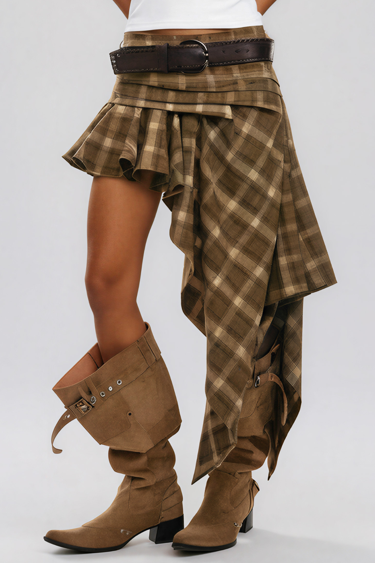 Kimamana Ruffle Grid Asymmetric Mini Skirt
