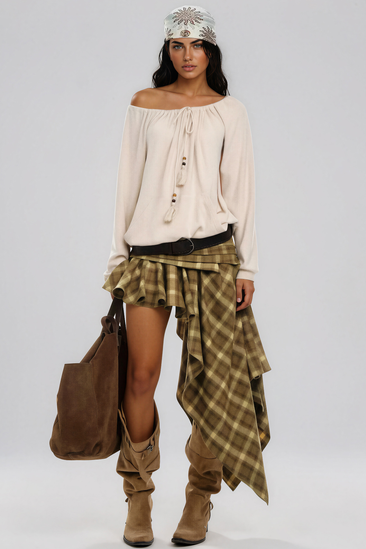 Kimamana Ruffle Grid Asymmetric Mini Skirt