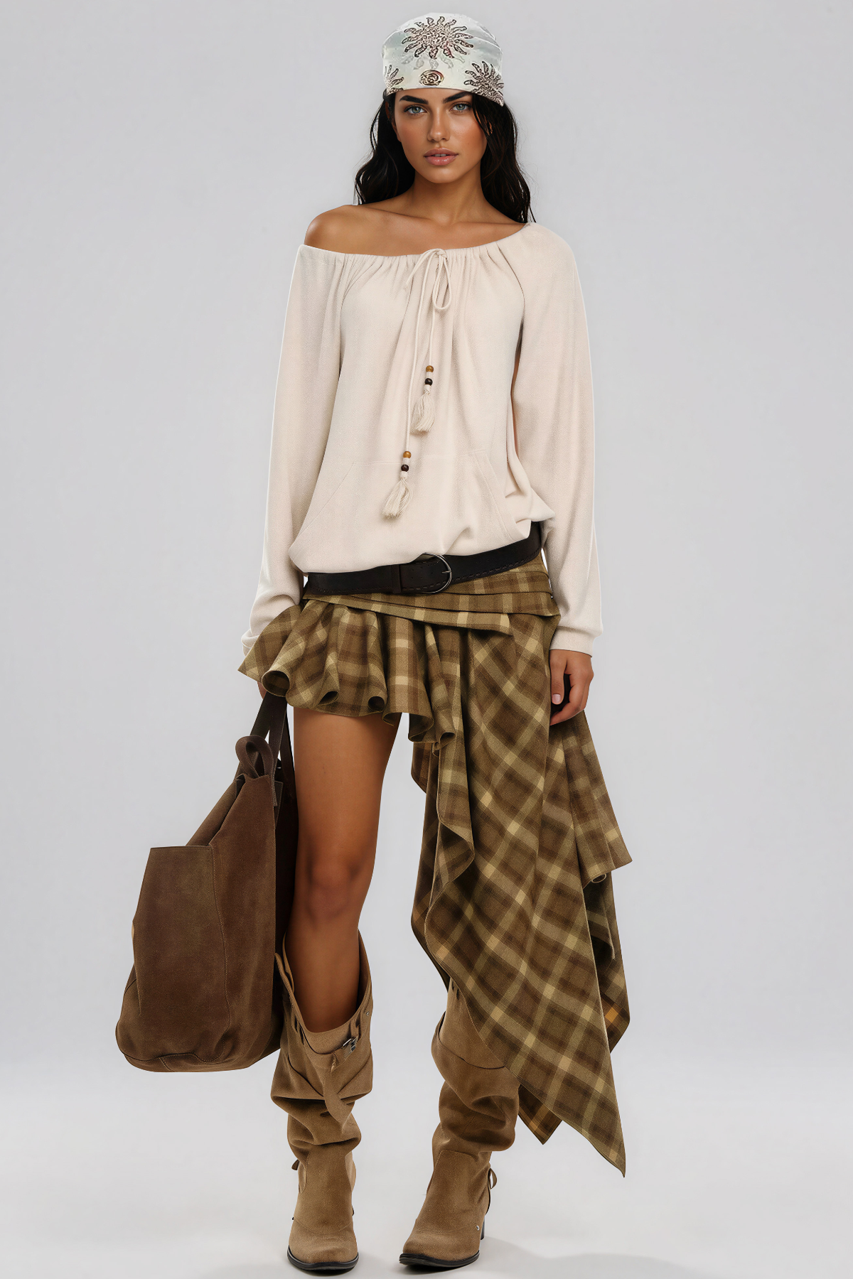 Kimamana Ruffle Grid Asymmetric Mini Skirt