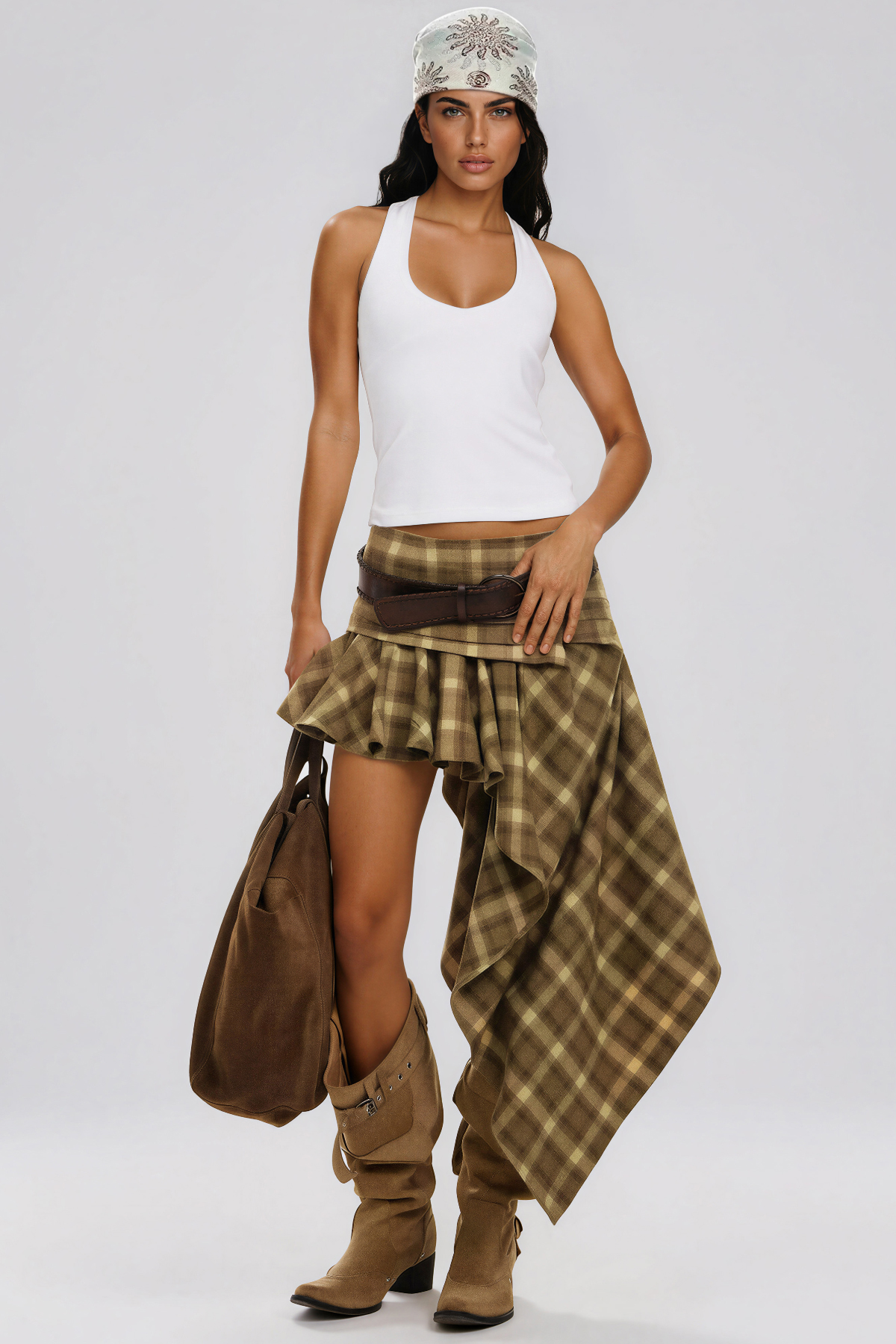 Kimamana Ruffle Grid Asymmetric Mini Skirt
