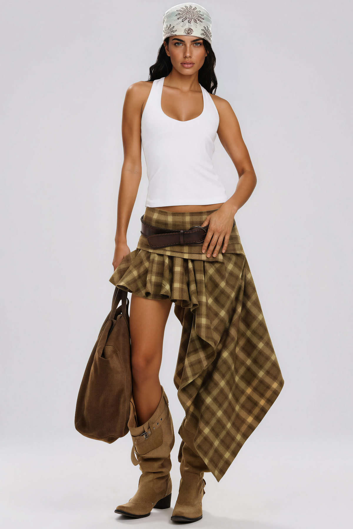 Kimamana Ruffle Grid Asymmetric Mini Skirt