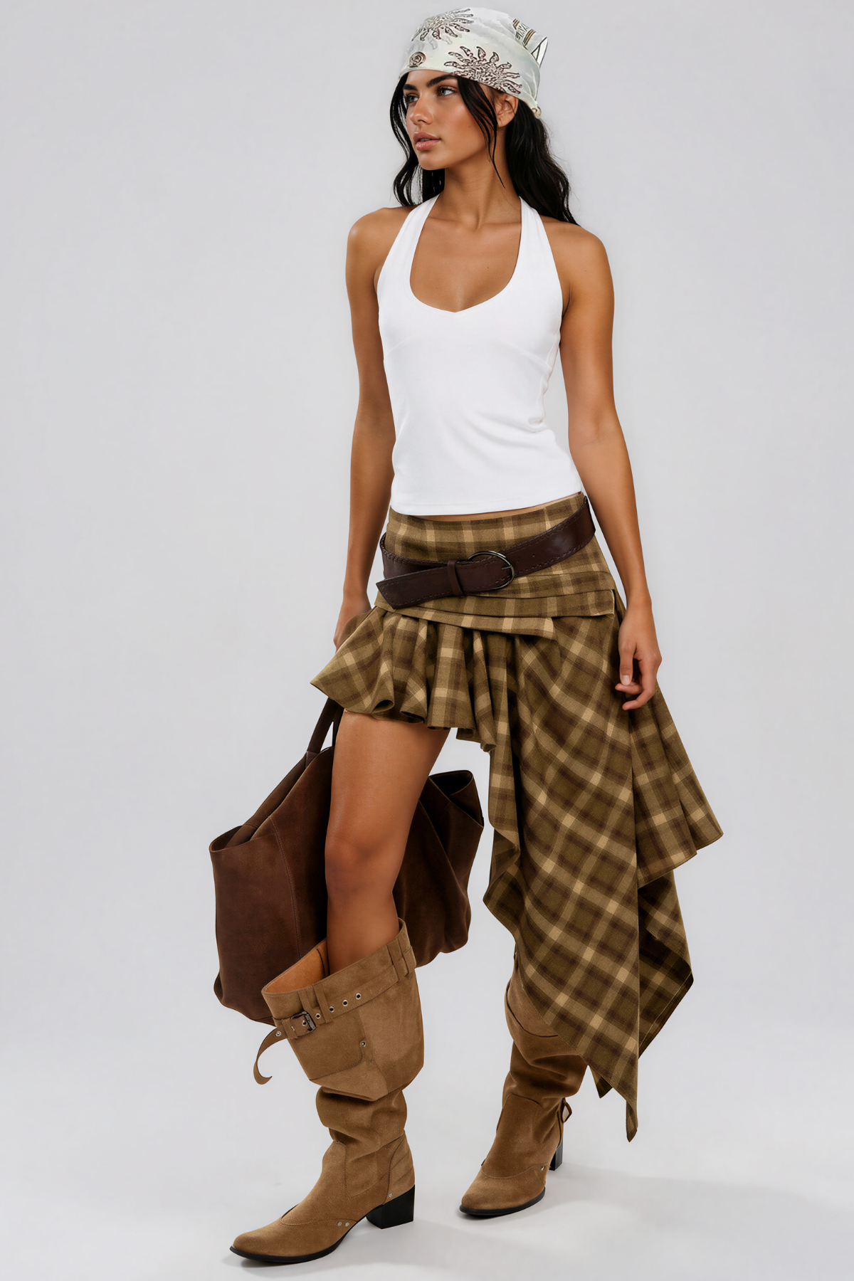 Kimamana Ruffle Grid Asymmetric Mini Skirt
