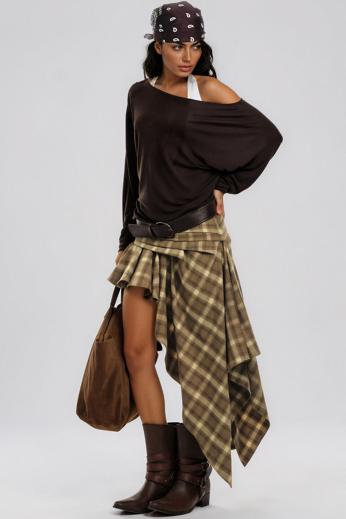 Kimamana Ruffle Grid Asymmetric Mini Skirt