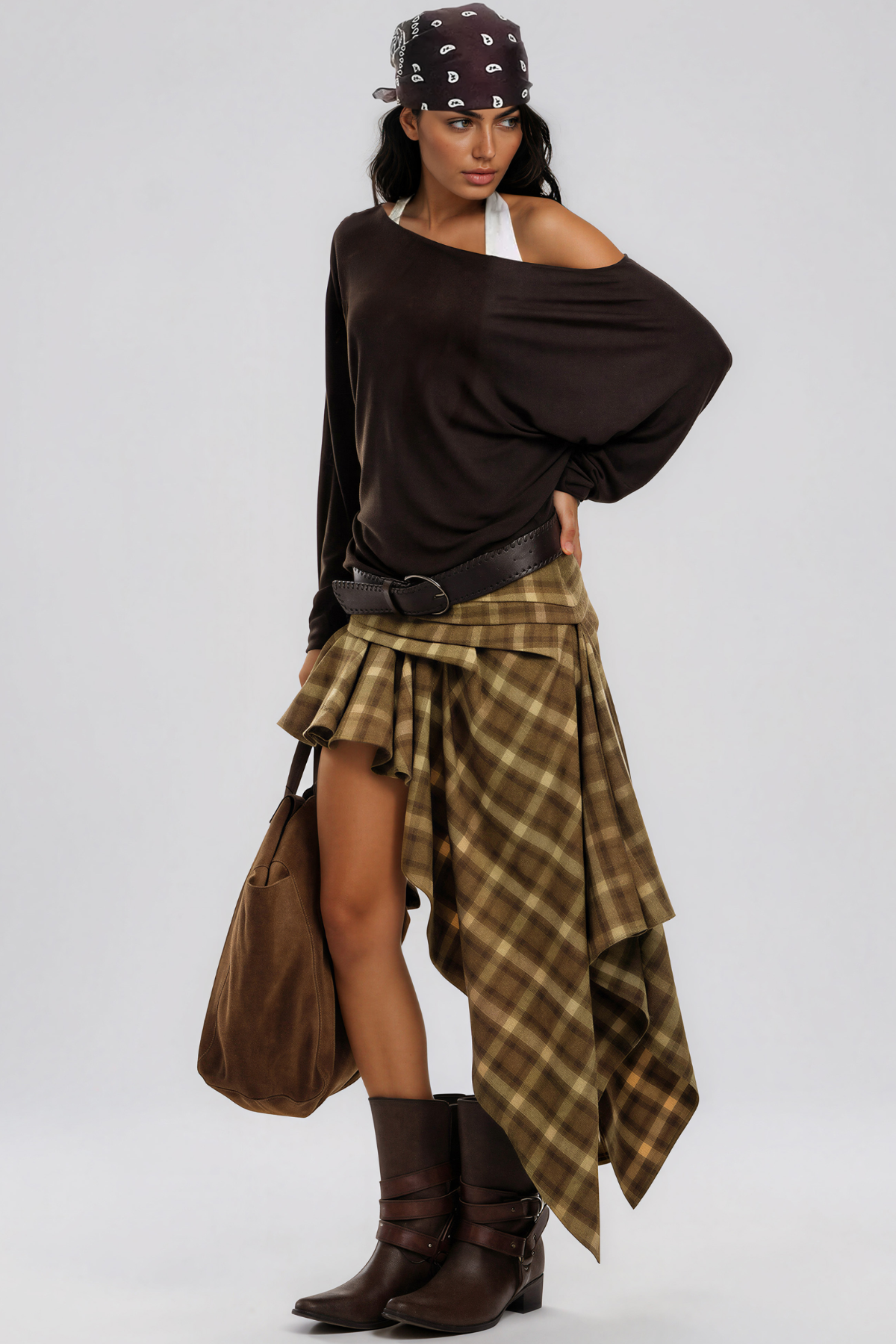 Kimamana Ruffle Grid Asymmetric Mini Skirt