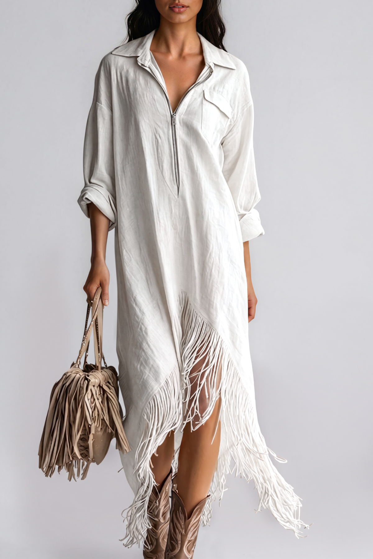 Kimani Asymmetric Fringe Midi Dress