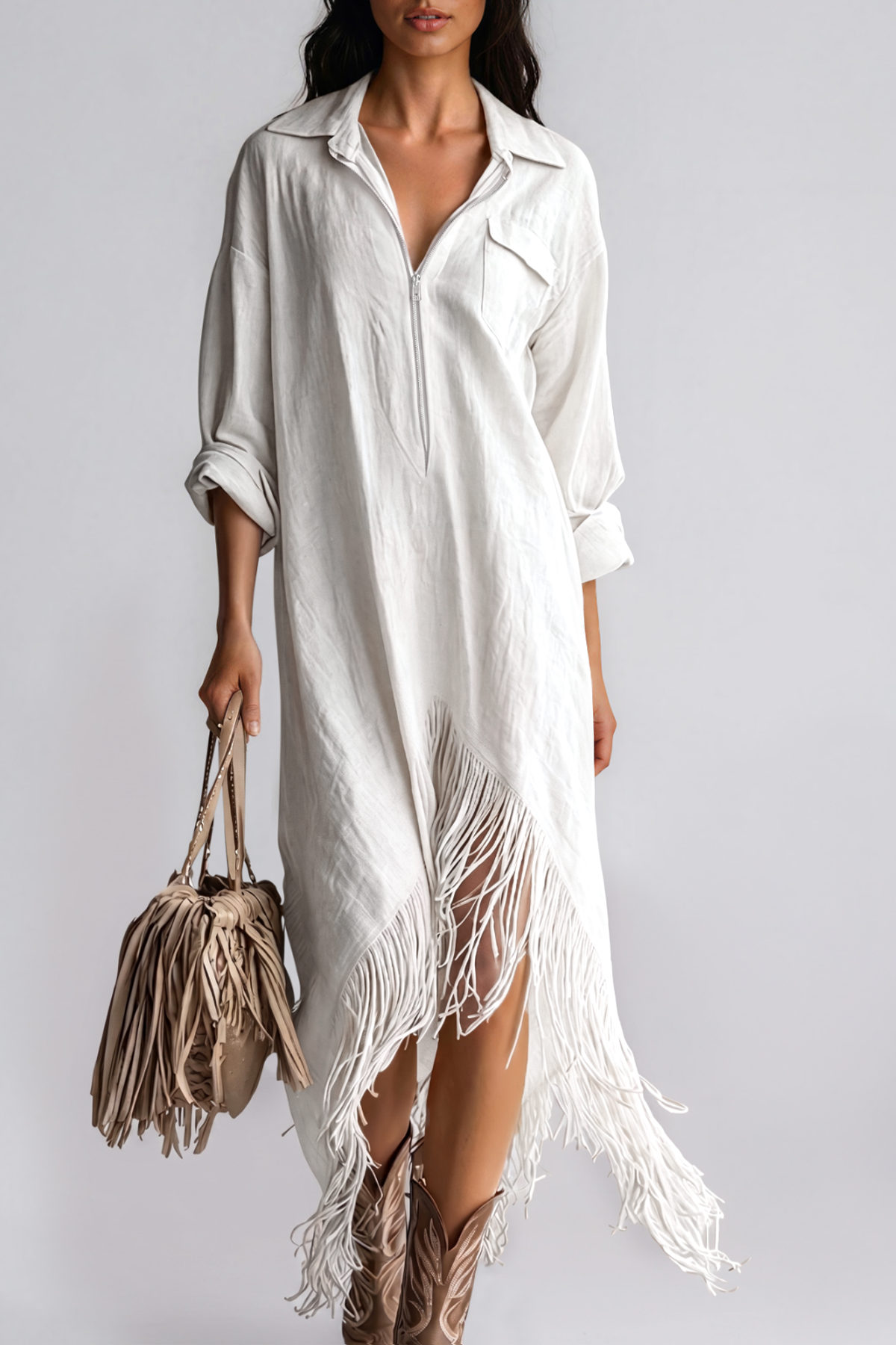 Kimani Asymmetric Fringe Midi Dress