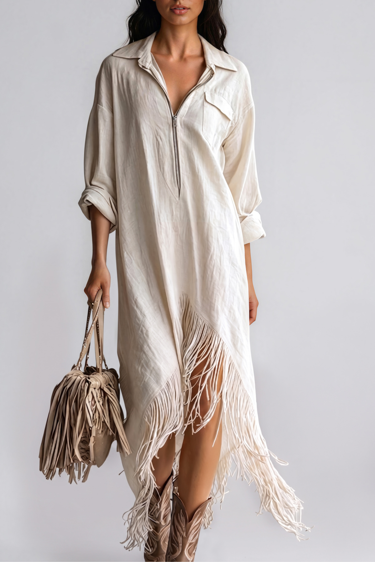 Kimani Asymmetric Fringe Midi Dress