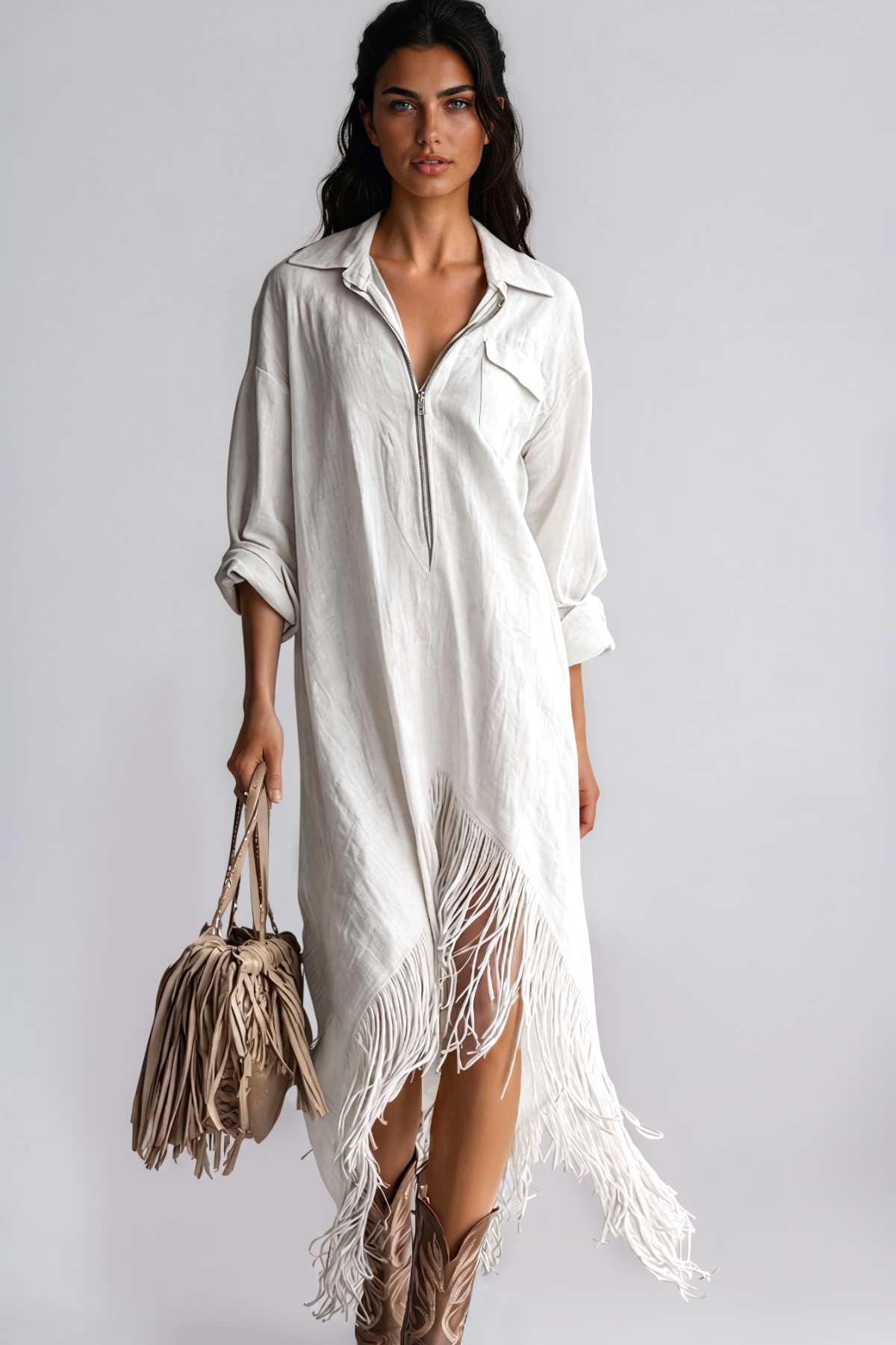 Kimani Asymmetric Fringe Midi Dress