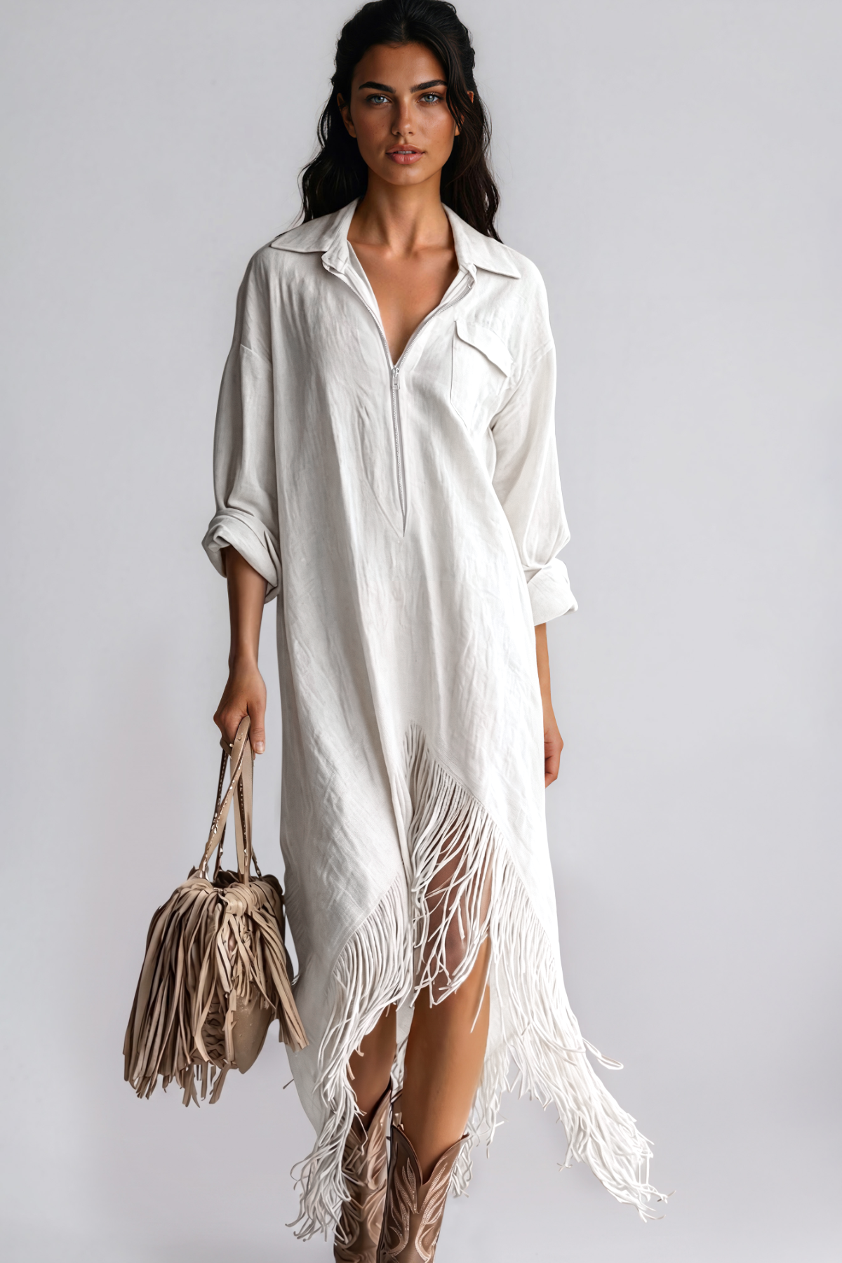 Kimani Asymmetric Fringe Midi Dress