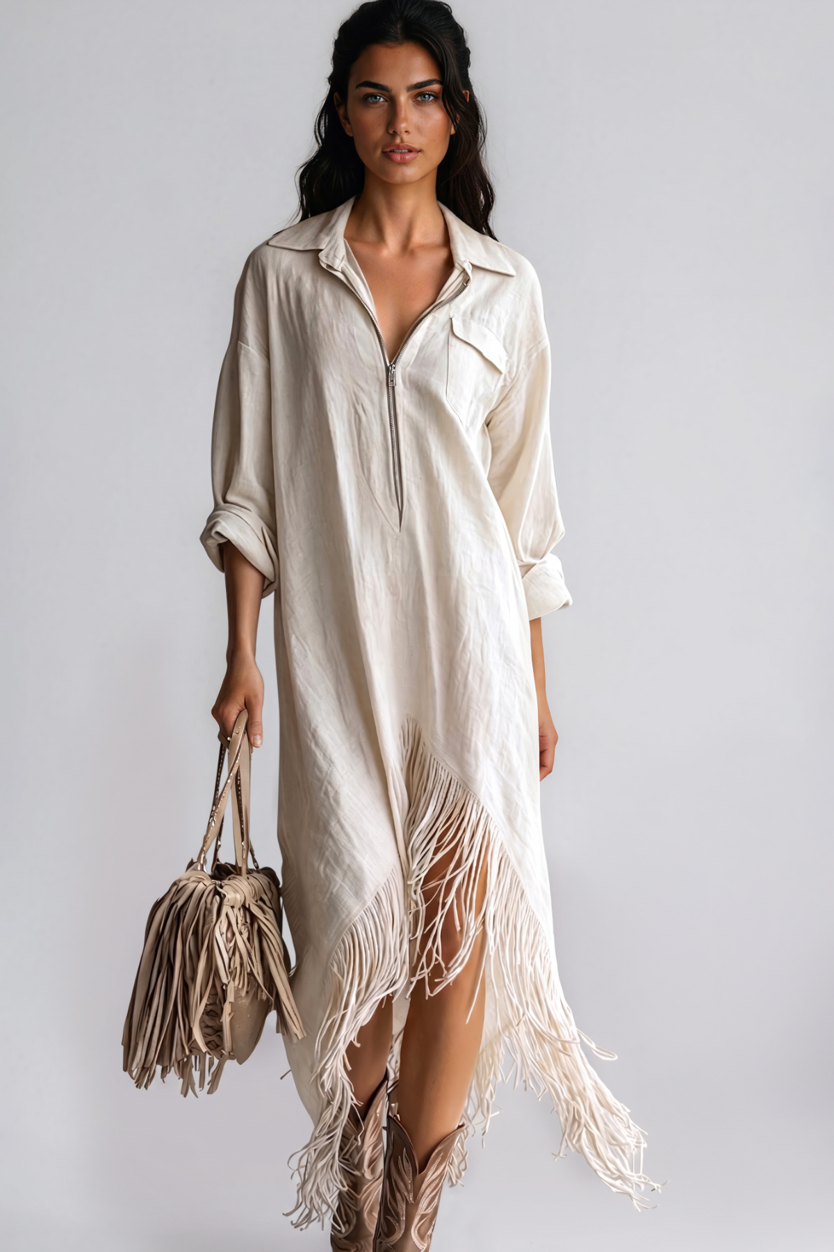 Kimani Asymmetric Fringe Midi Dress