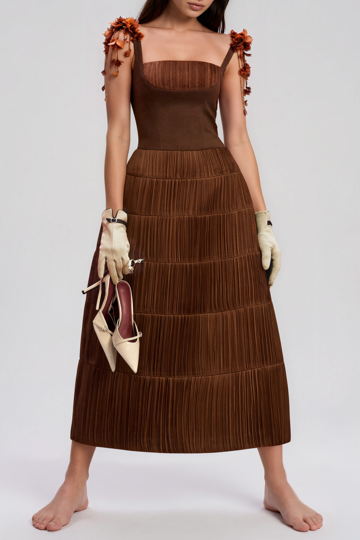 Kimber Spaghetti Flower Ruch Midi Dress