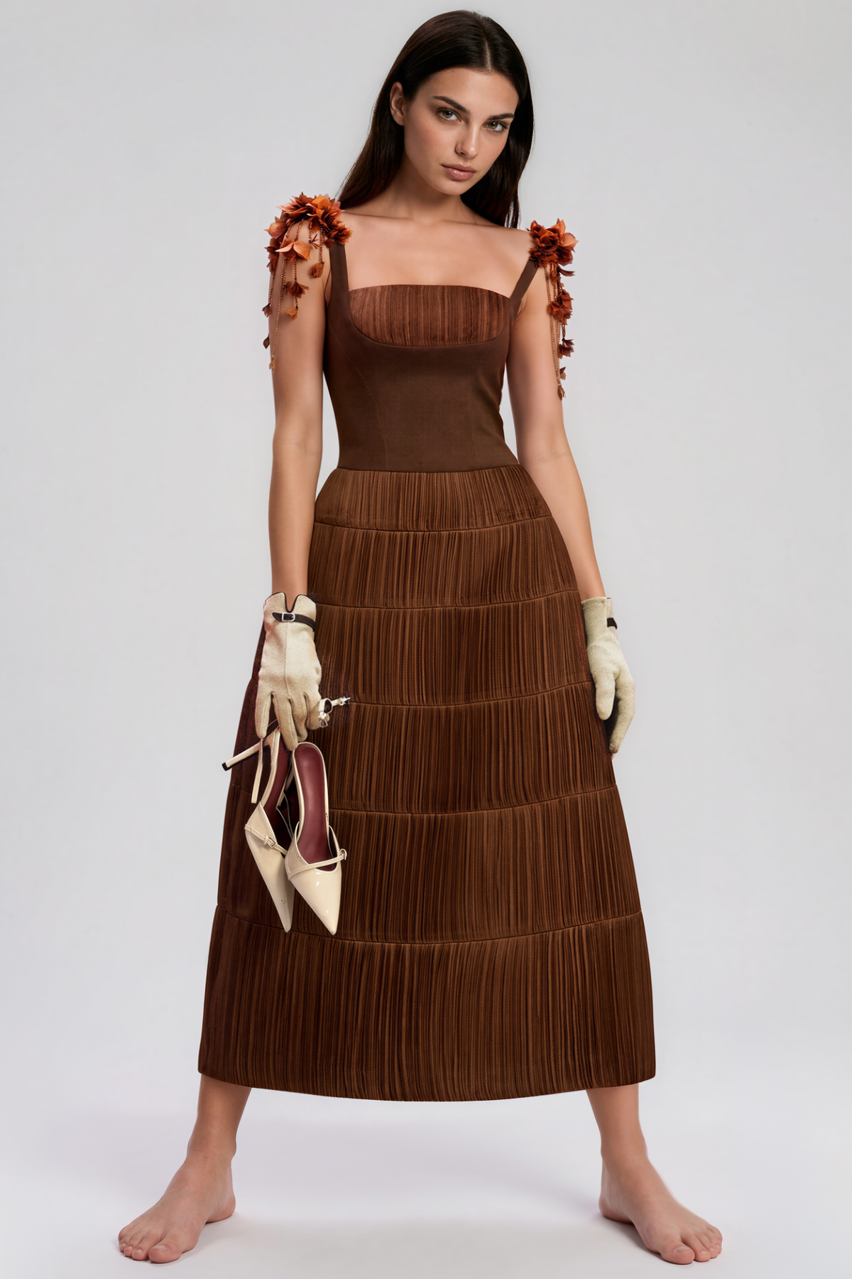 Kimber Spaghetti Flower Ruch Midi Dress