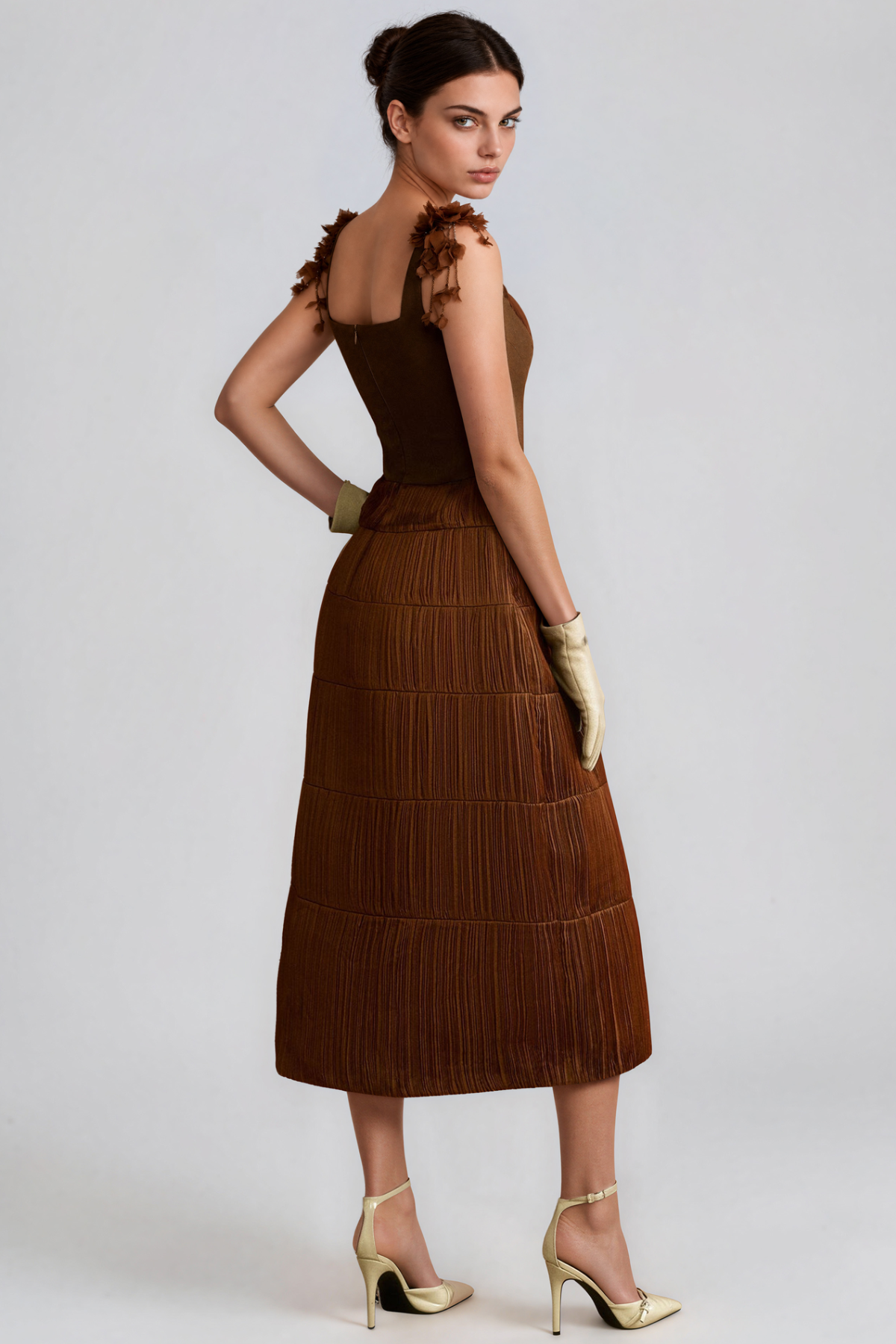 Kimber Spaghetti Flower Ruch Midi Dress