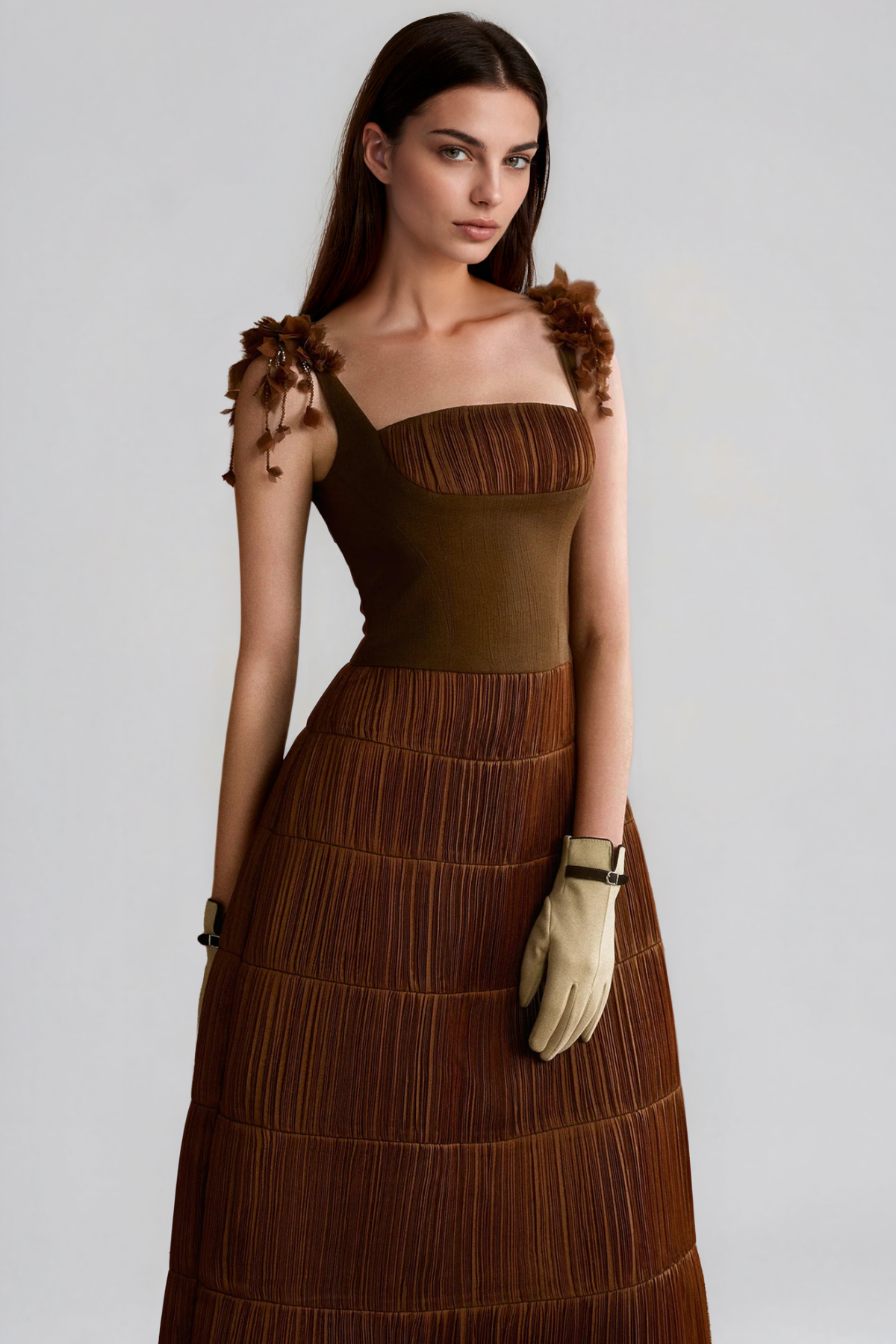 Kimber Spaghetti Flower Ruch Midi Dress