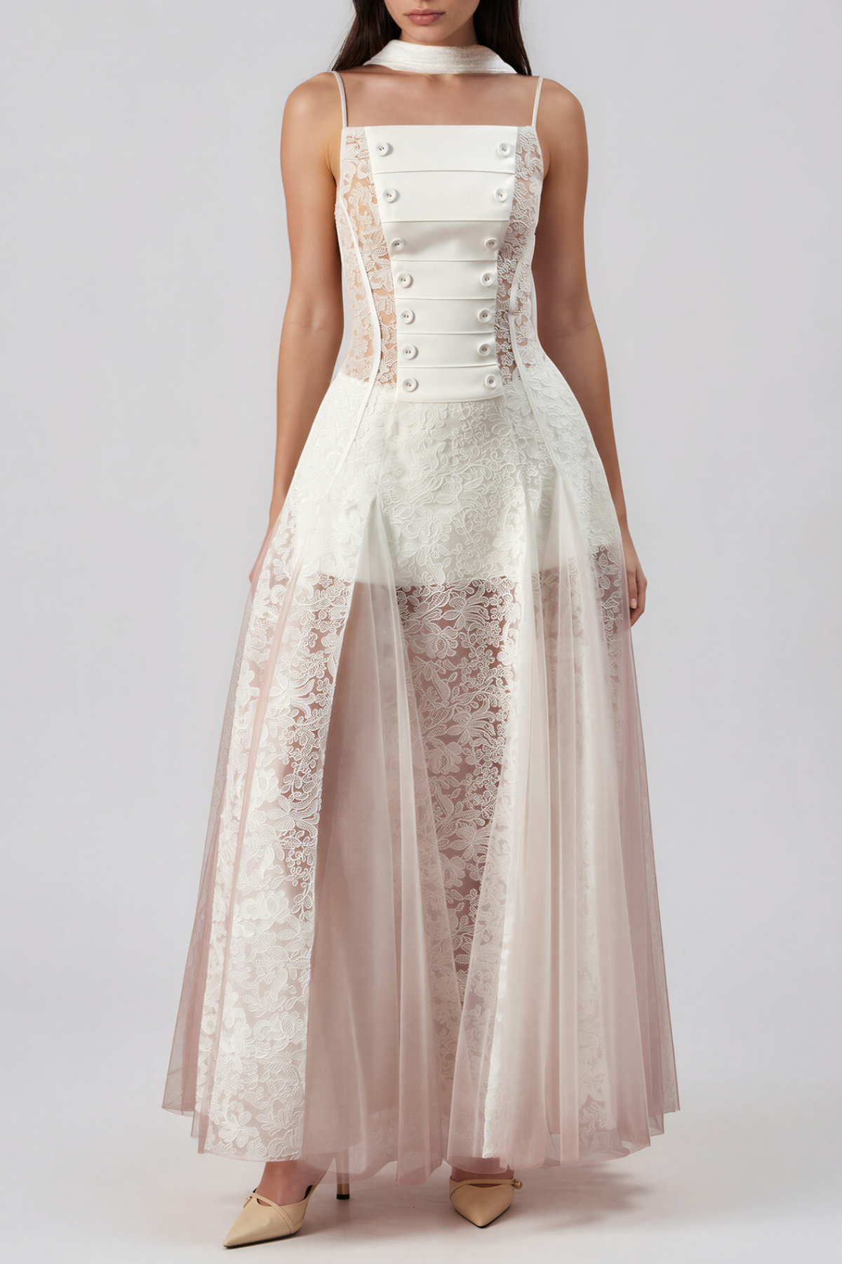 Kimberlina Double Breasted Lace Split Maxi Dress