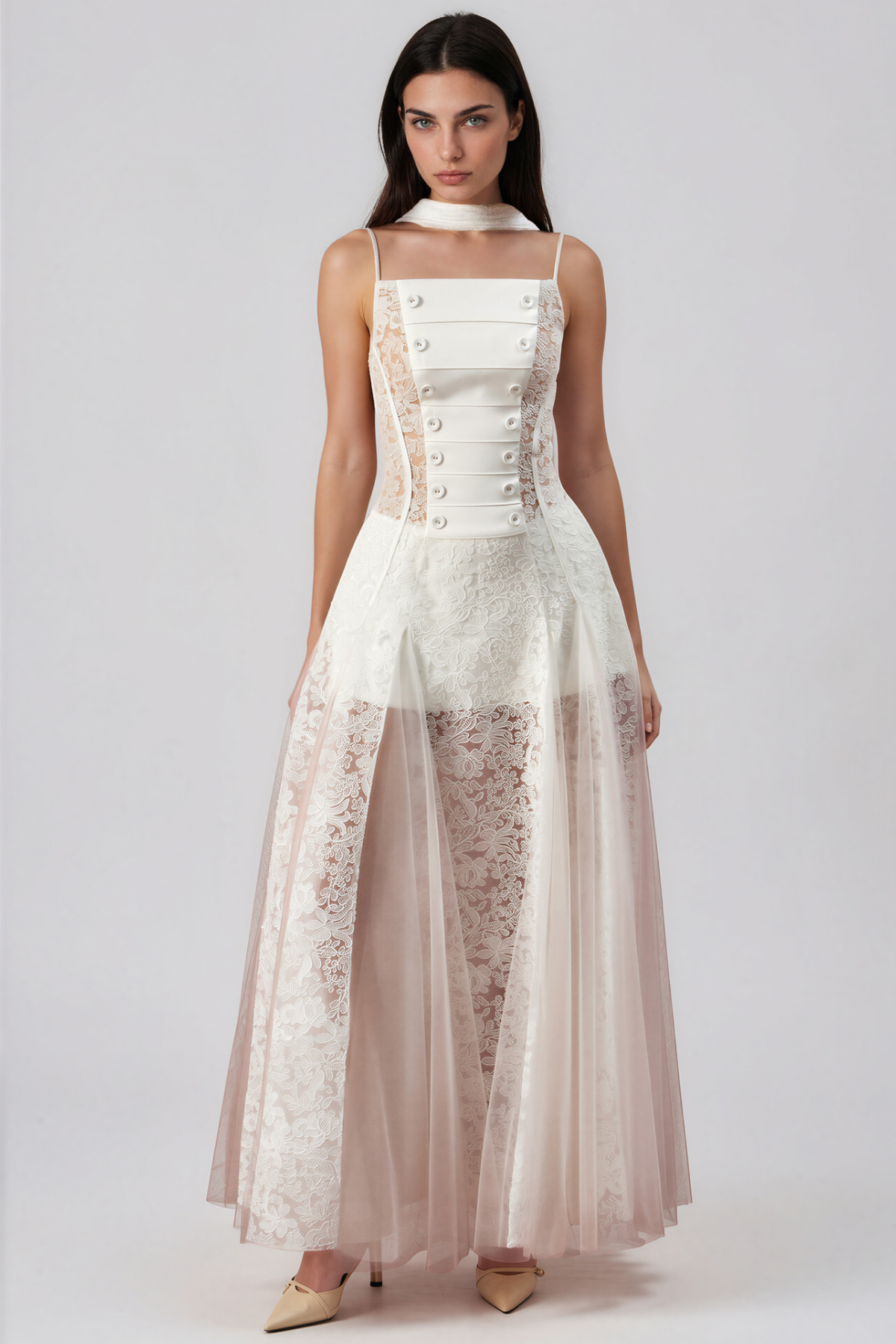 Kimberlina Double Breasted Lace Split Maxi Dress