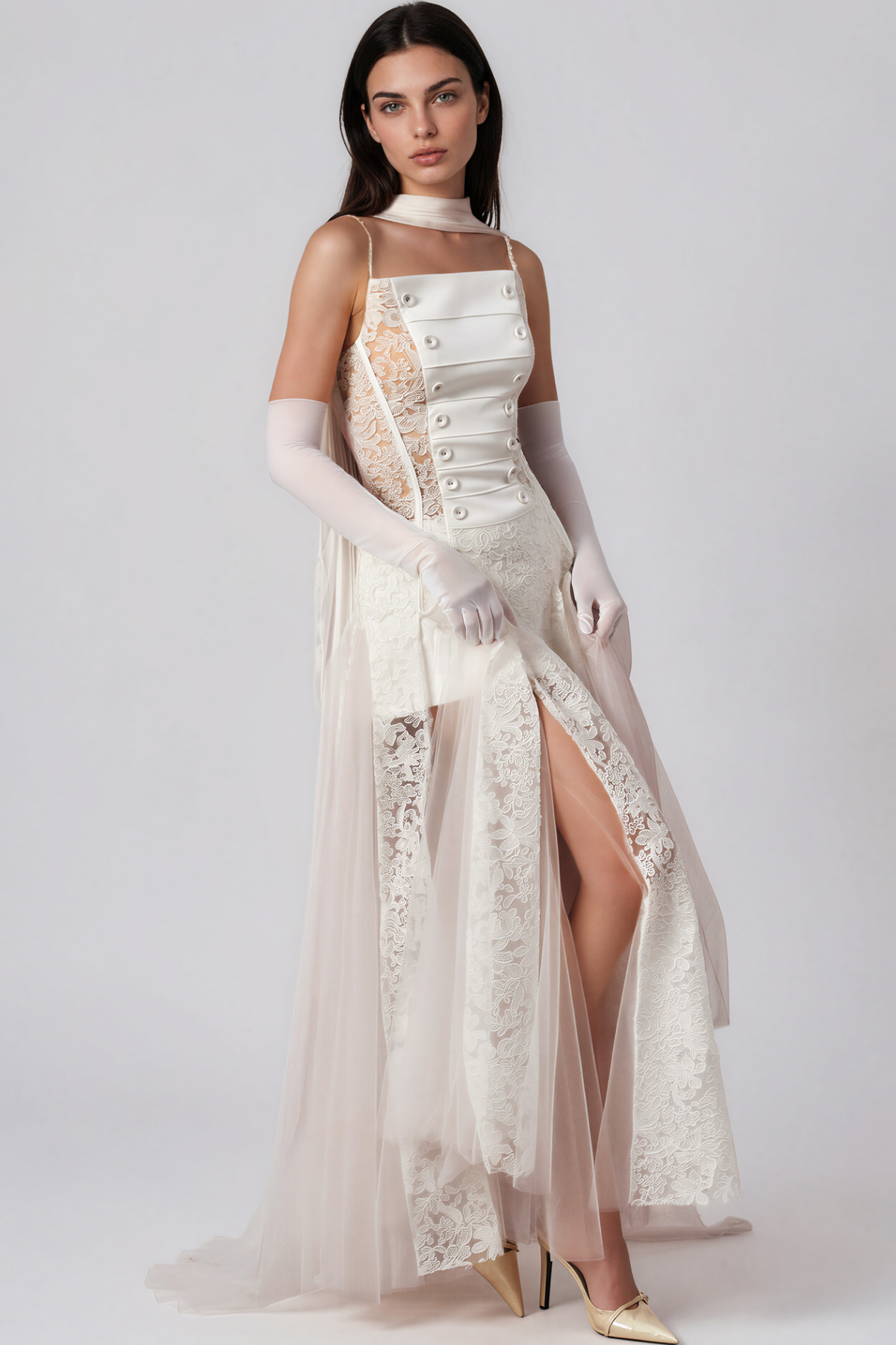 Kimberlina Double Breasted Lace Split Maxi Dress