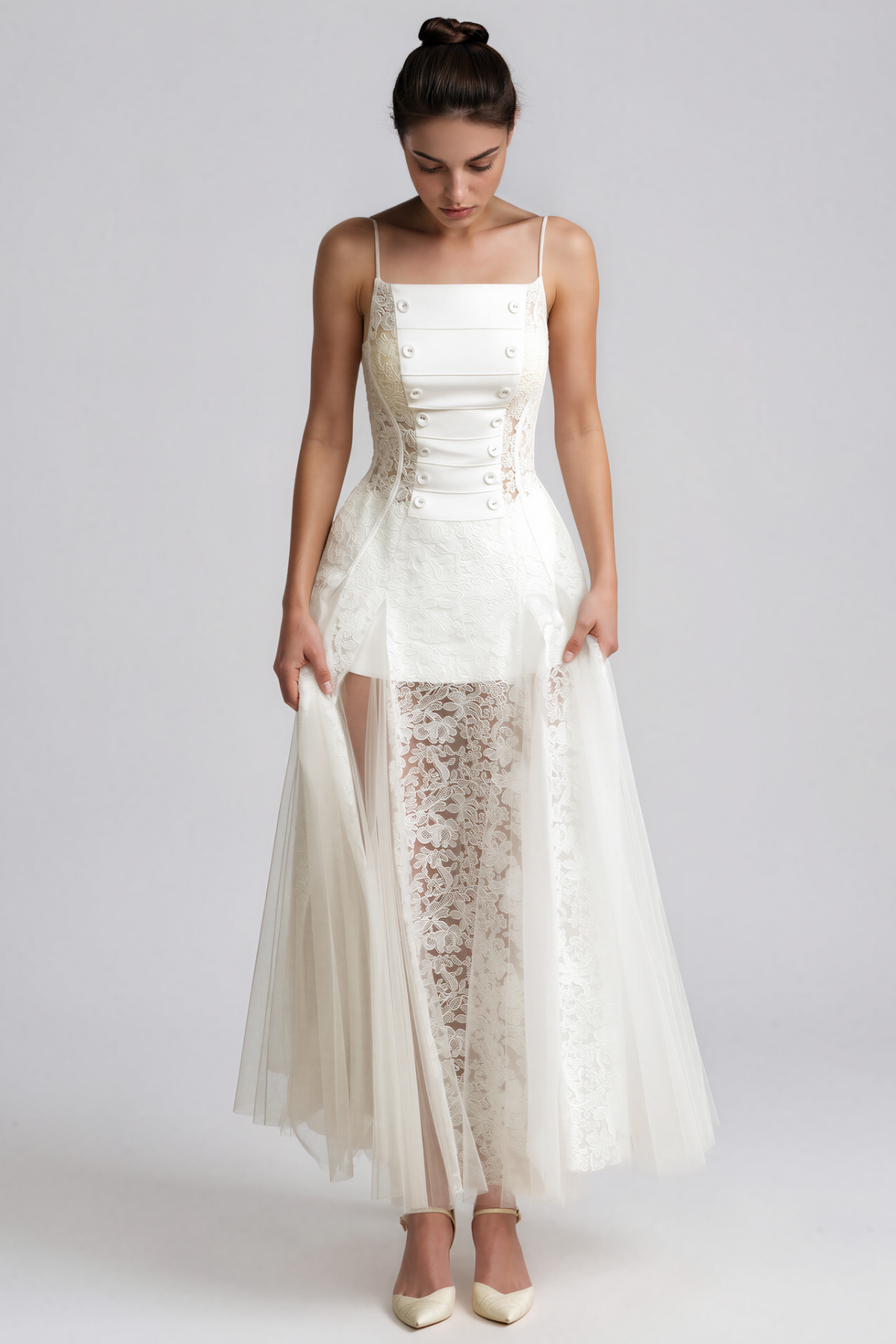 Kimberlina Double Breasted Lace Split Maxi Dress