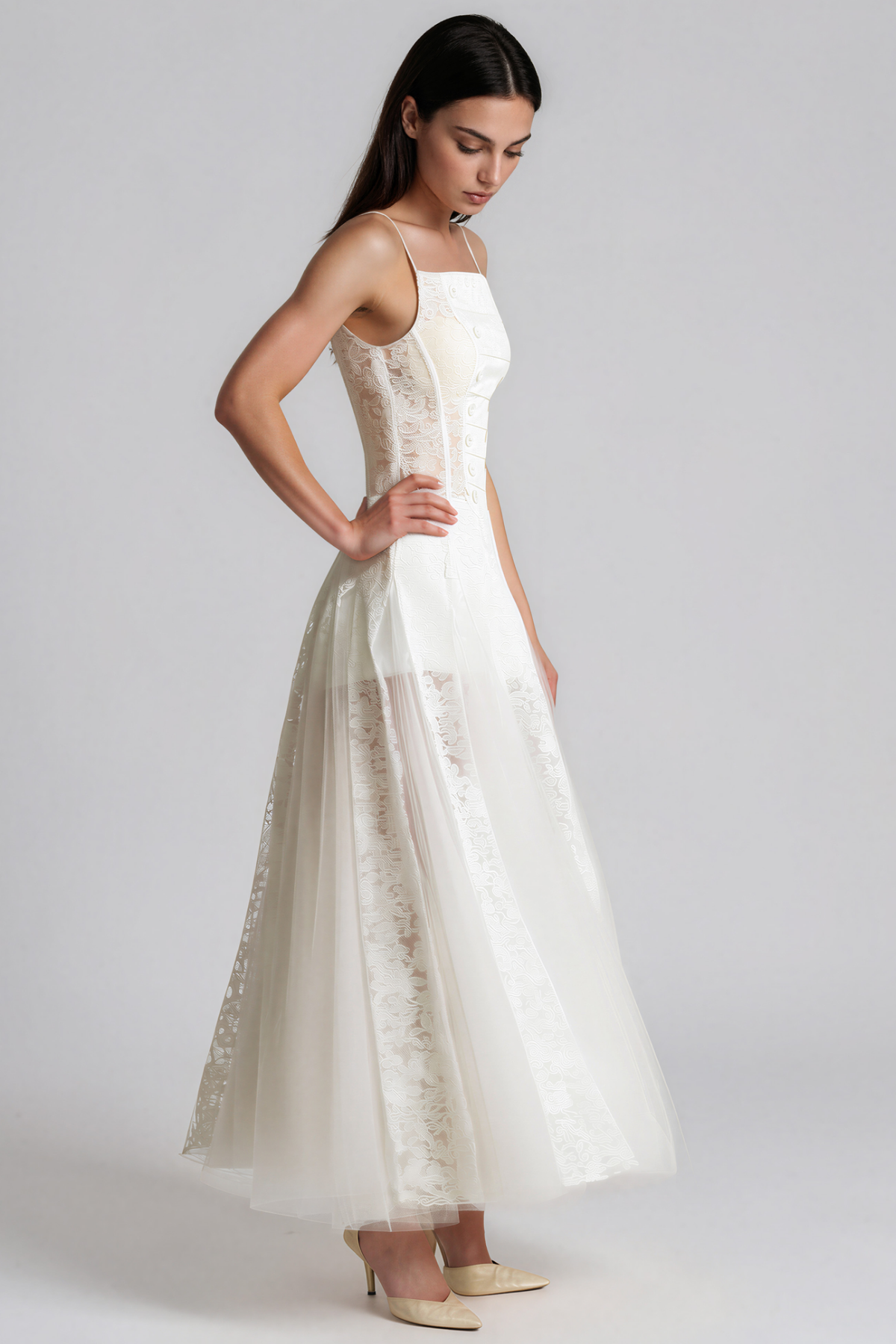 Kimberlina Double Breasted Lace Split Maxi Dress