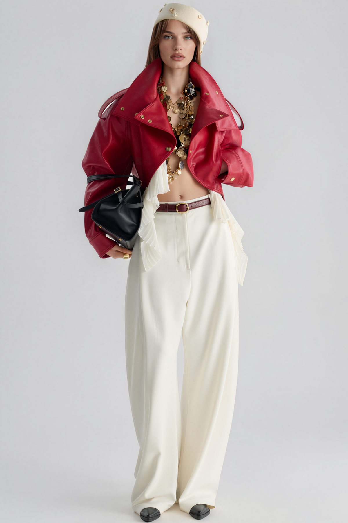 Kimi High Neck Leather Ruffle Jacket