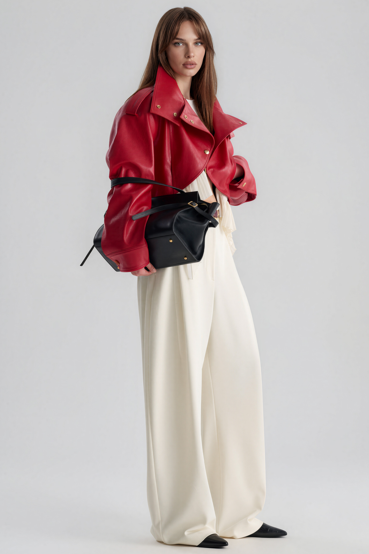 Kimi High Neck Leather Ruffle Jacket
