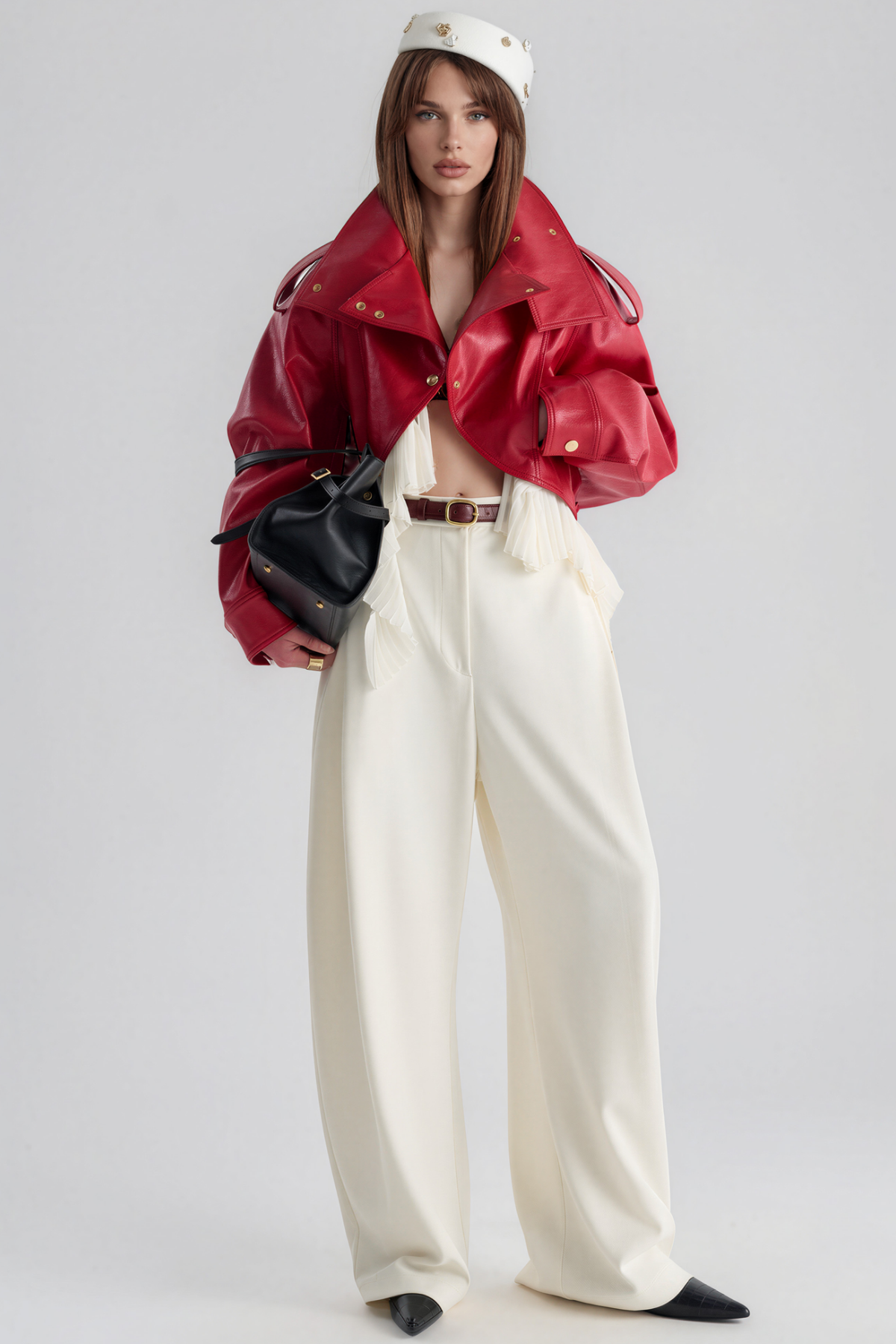 Kimi High Neck Leather Ruffle Jacket