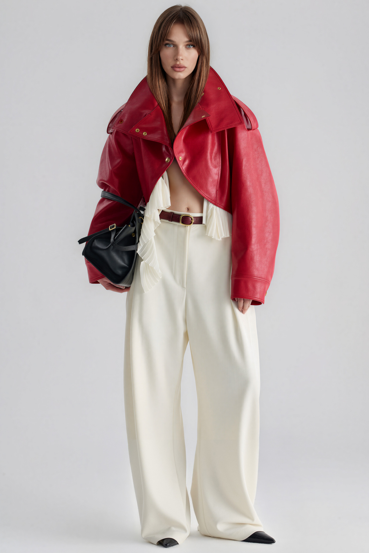 Kimi High Neck Leather Ruffle Jacket