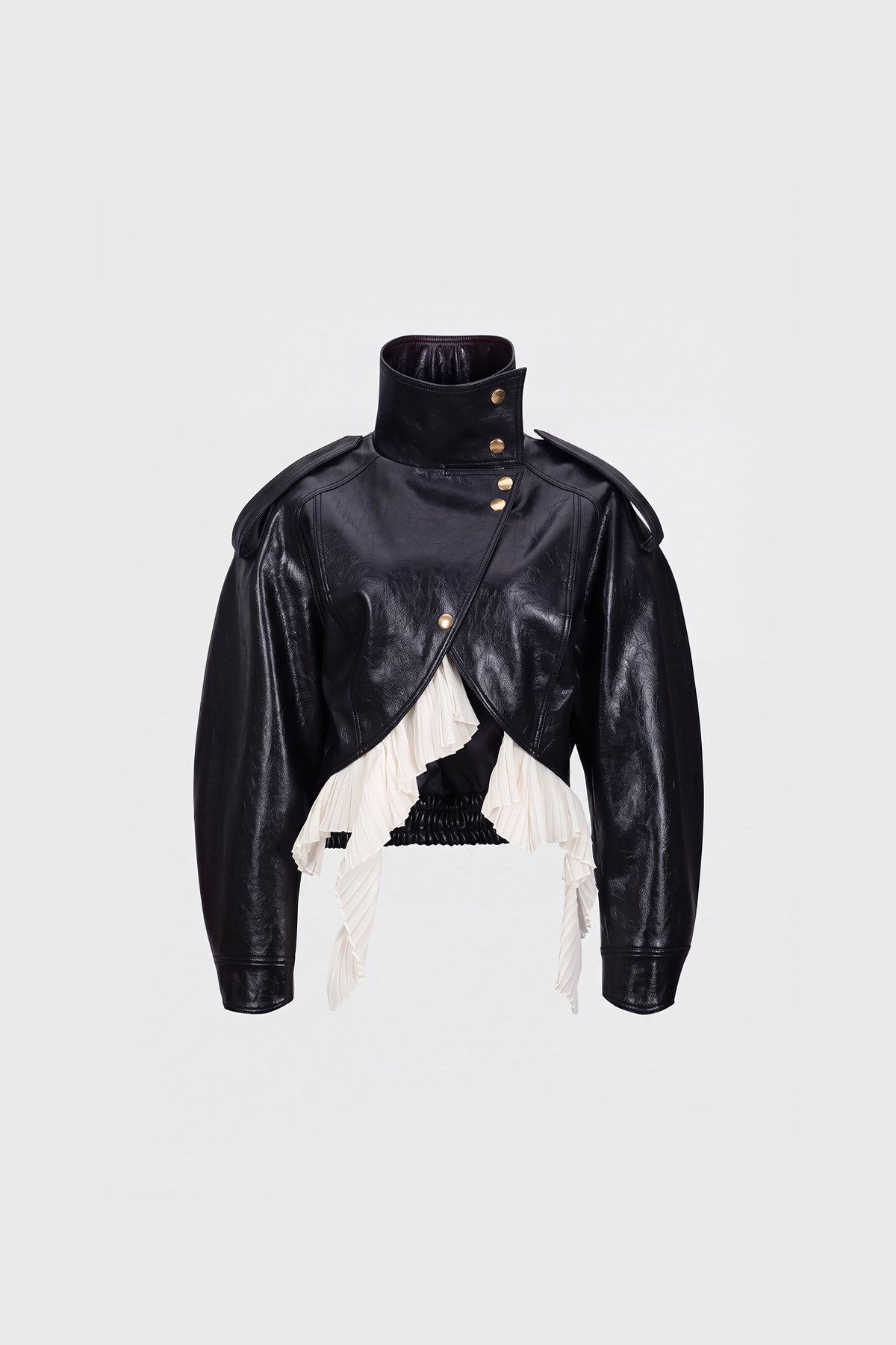 Kimi High Neck Leather Ruffle Jacket In Black