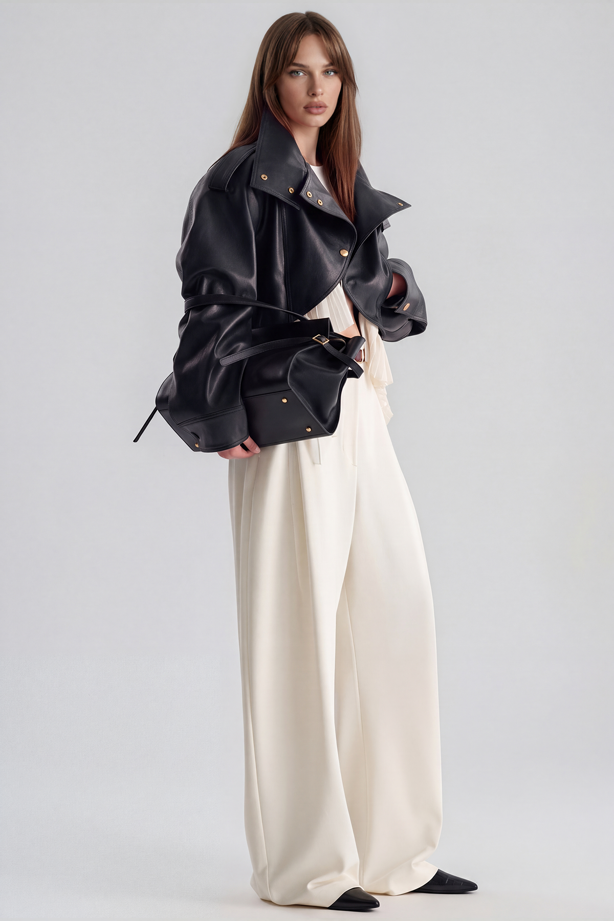 Kimi High Neck Leather Ruffle Jacket In Black