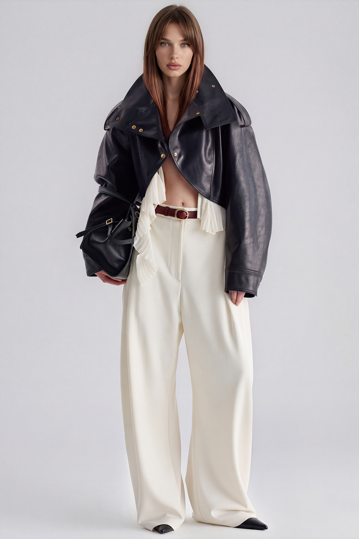 Kimi High Neck Leather Ruffle Jacket In Black