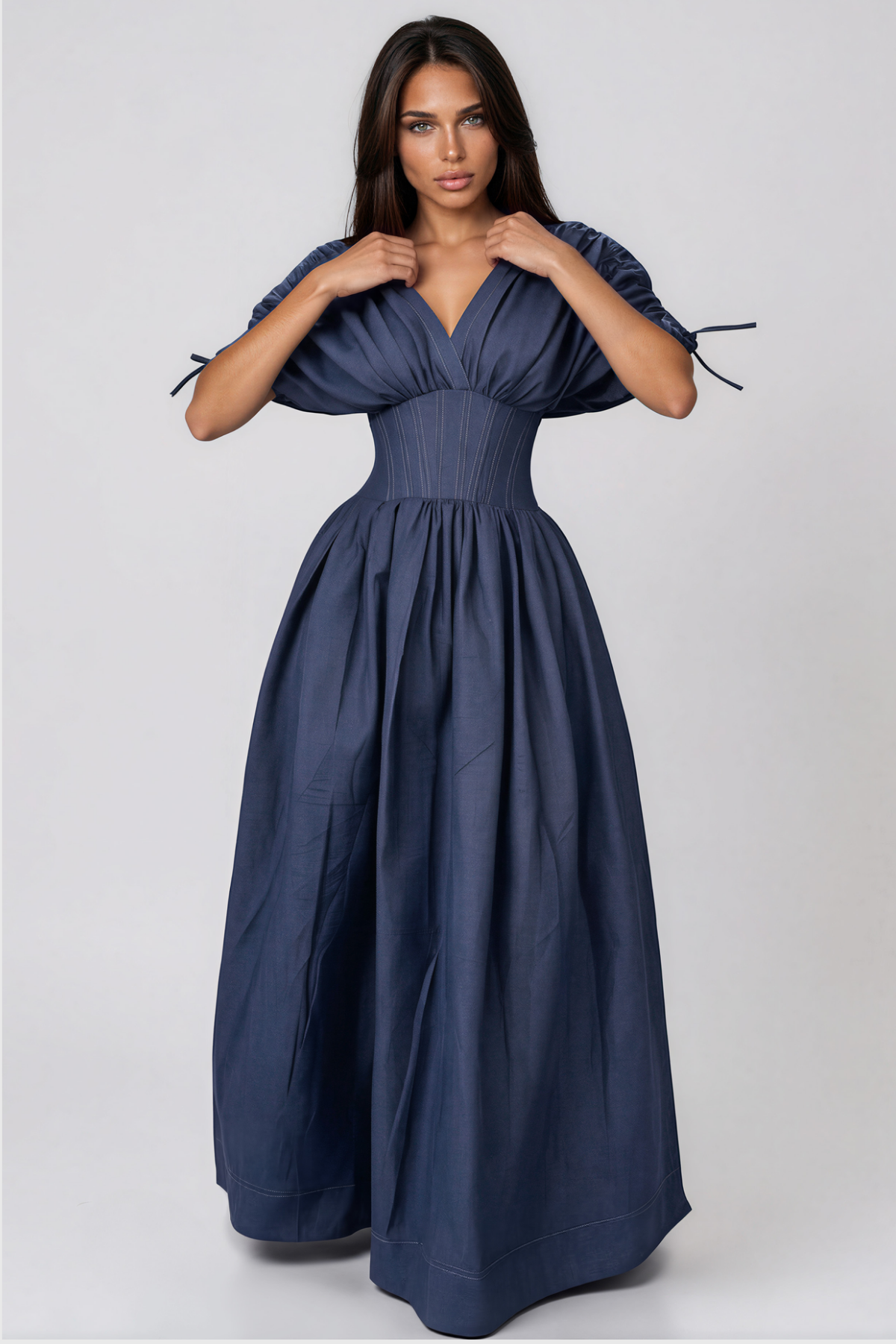 Kimo V Neck Corset Tie Up Maxi Dress