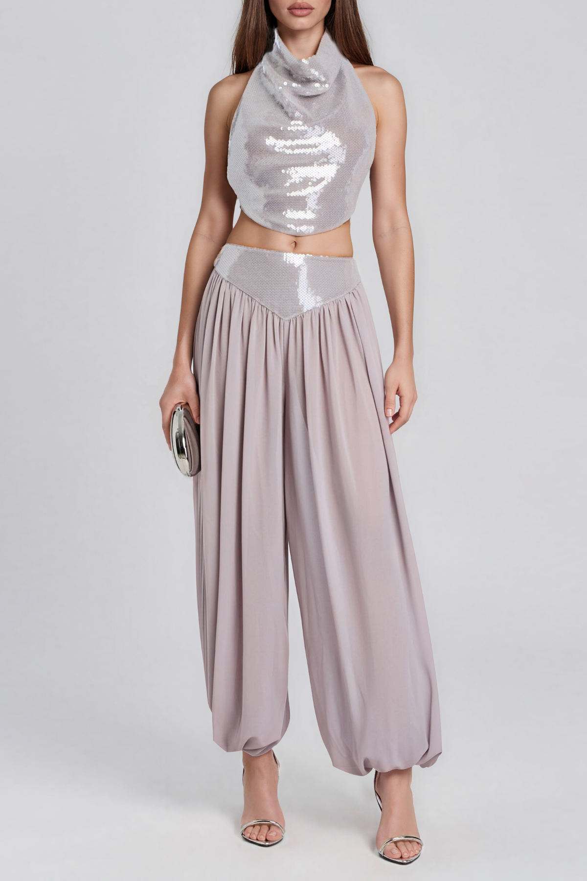 Kinborough Halter Neck Sequin Ruch Pants Set