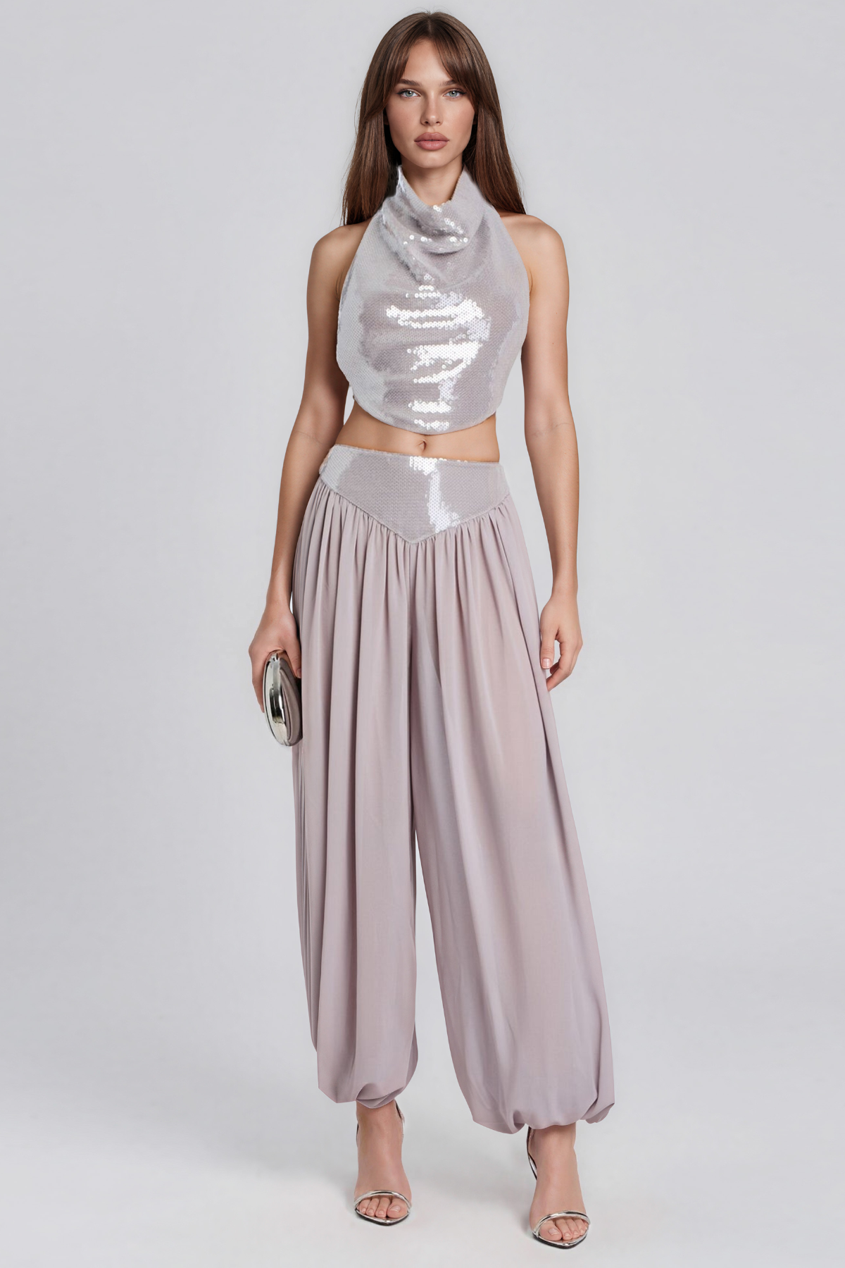 Kinborough Halter Neck Sequin Ruch Pants Set