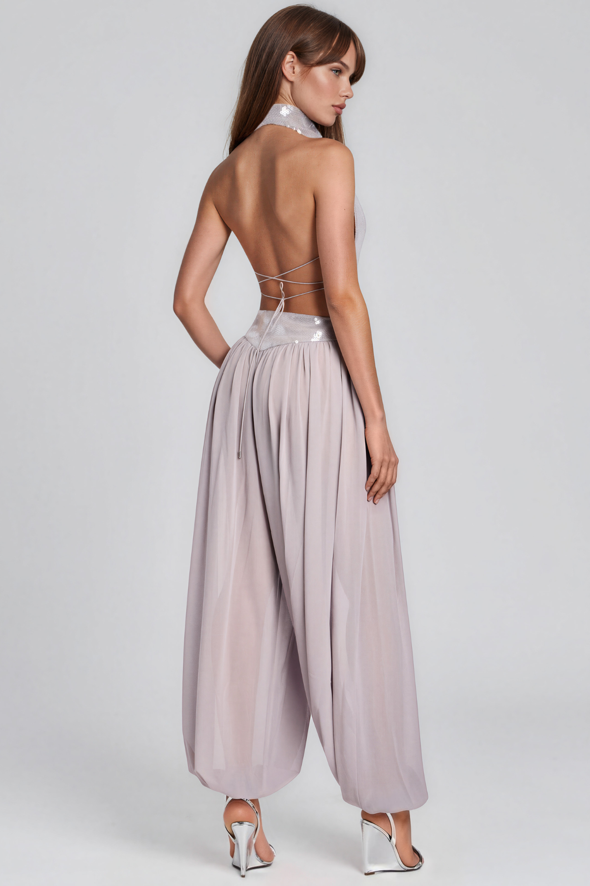 Kinborough Halter Neck Sequin Ruch Pants Set