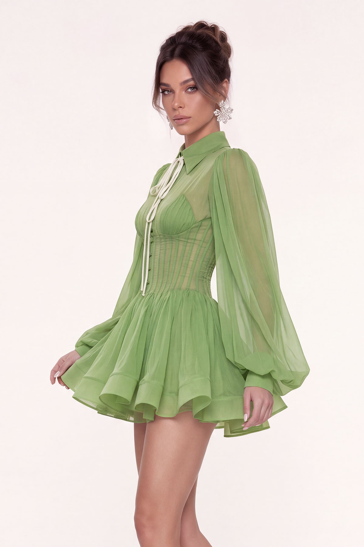 King Balloon Sleeve Mesh Ruch Mini Dress