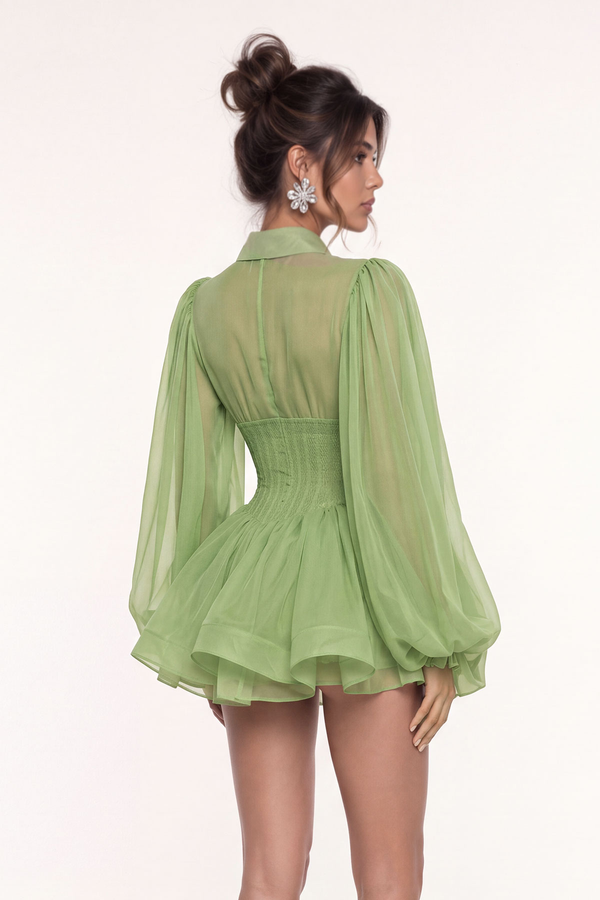 King Balloon Sleeve Mesh Ruch Mini Dress