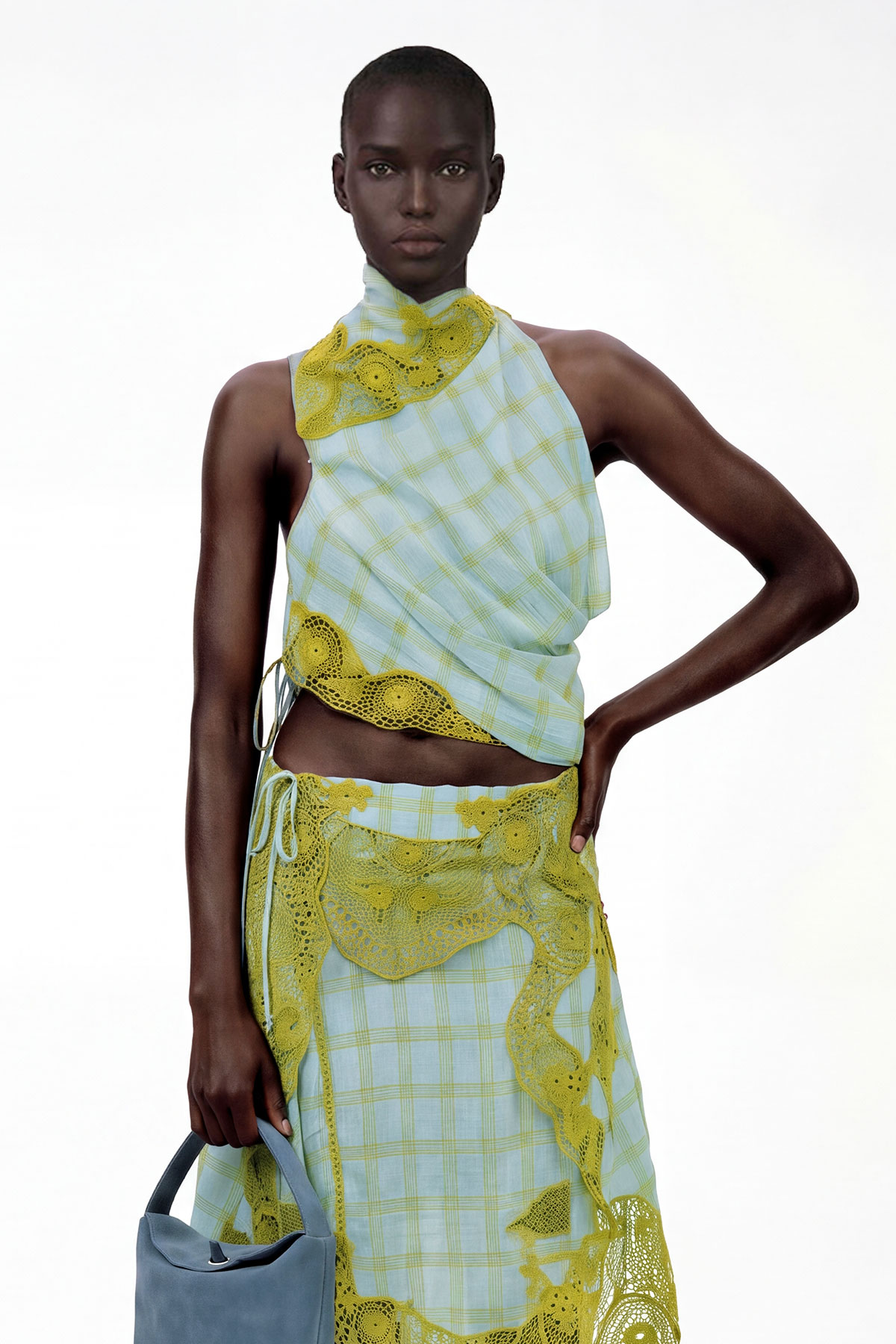 Kinmei Asymmetric Embroidered Grid Skirt Set