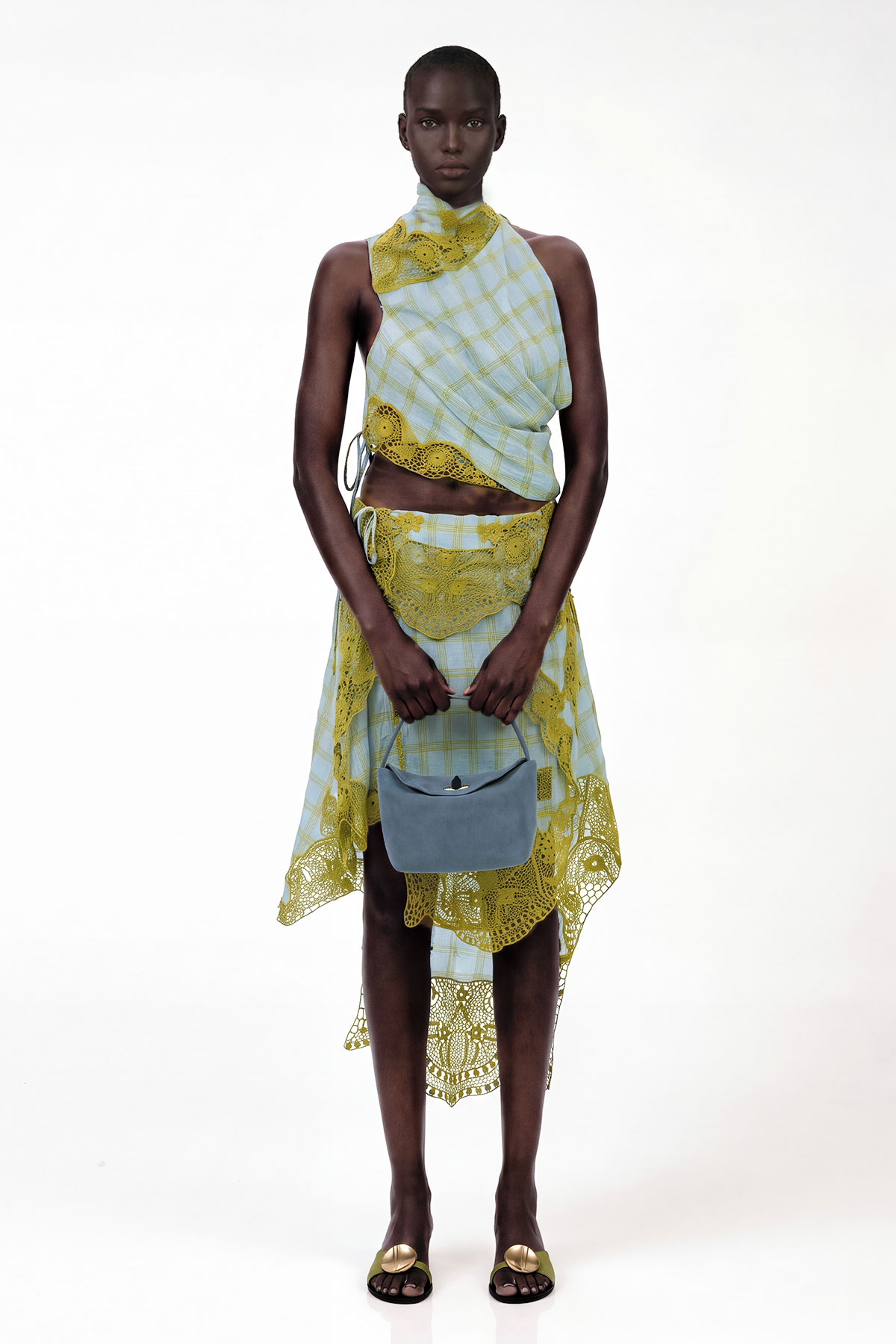 Kinmei Asymmetric Embroidered Grid Skirt Set