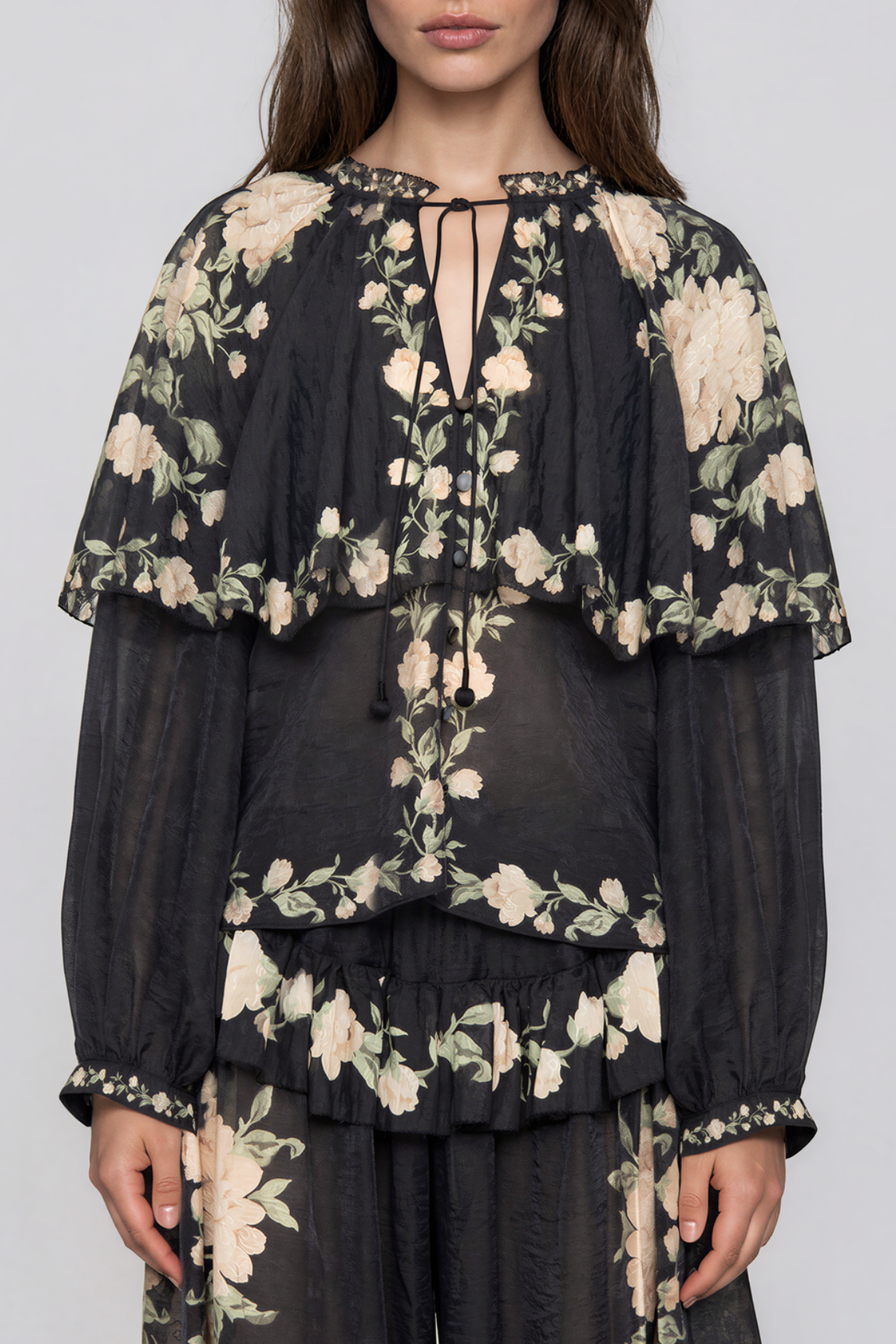 Kioko Cape Sleeve Floral Tie Up Ruffle Pants Set