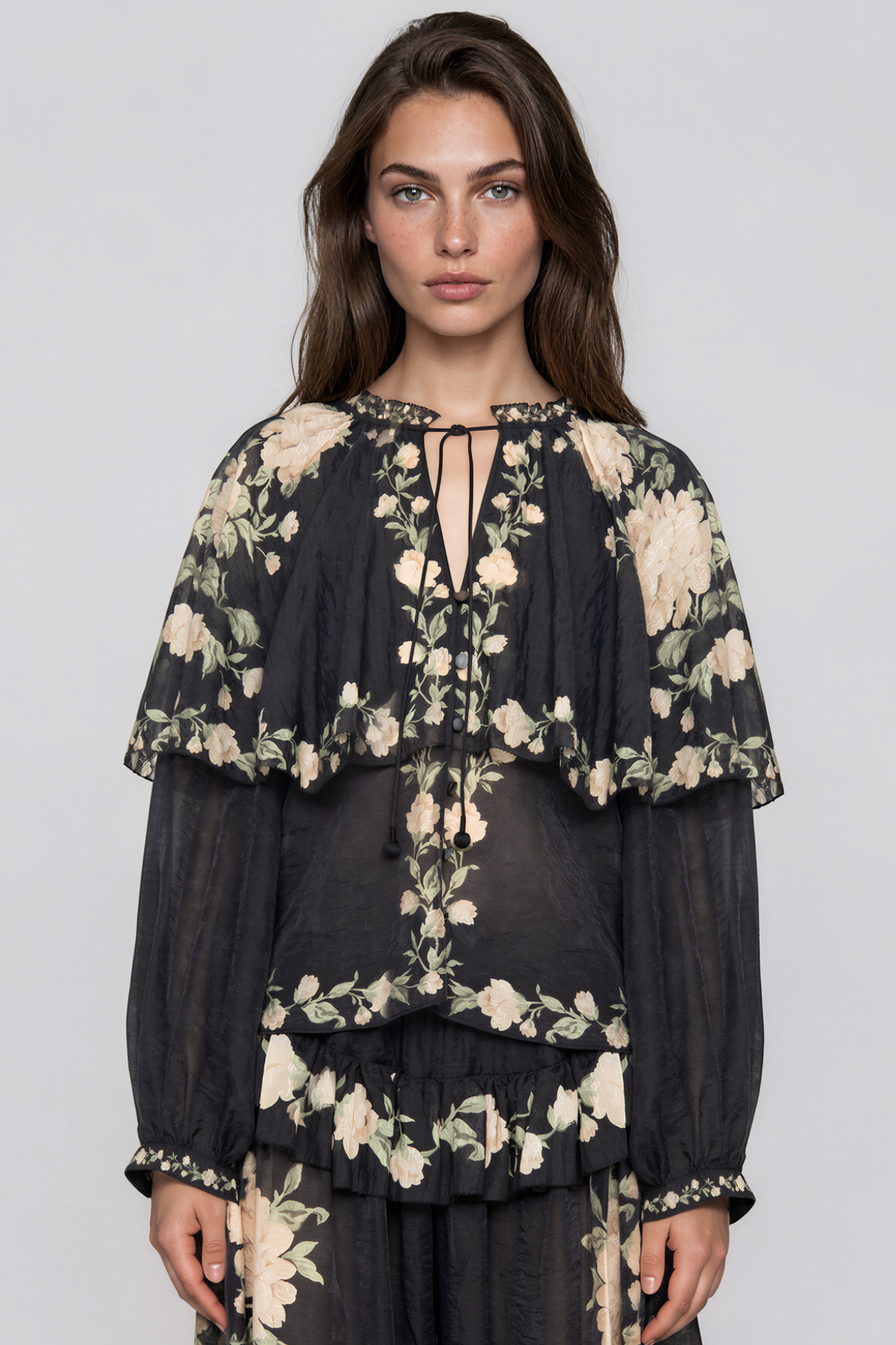 Kioko Cape Sleeve Floral Tie Up Ruffle Pants Set