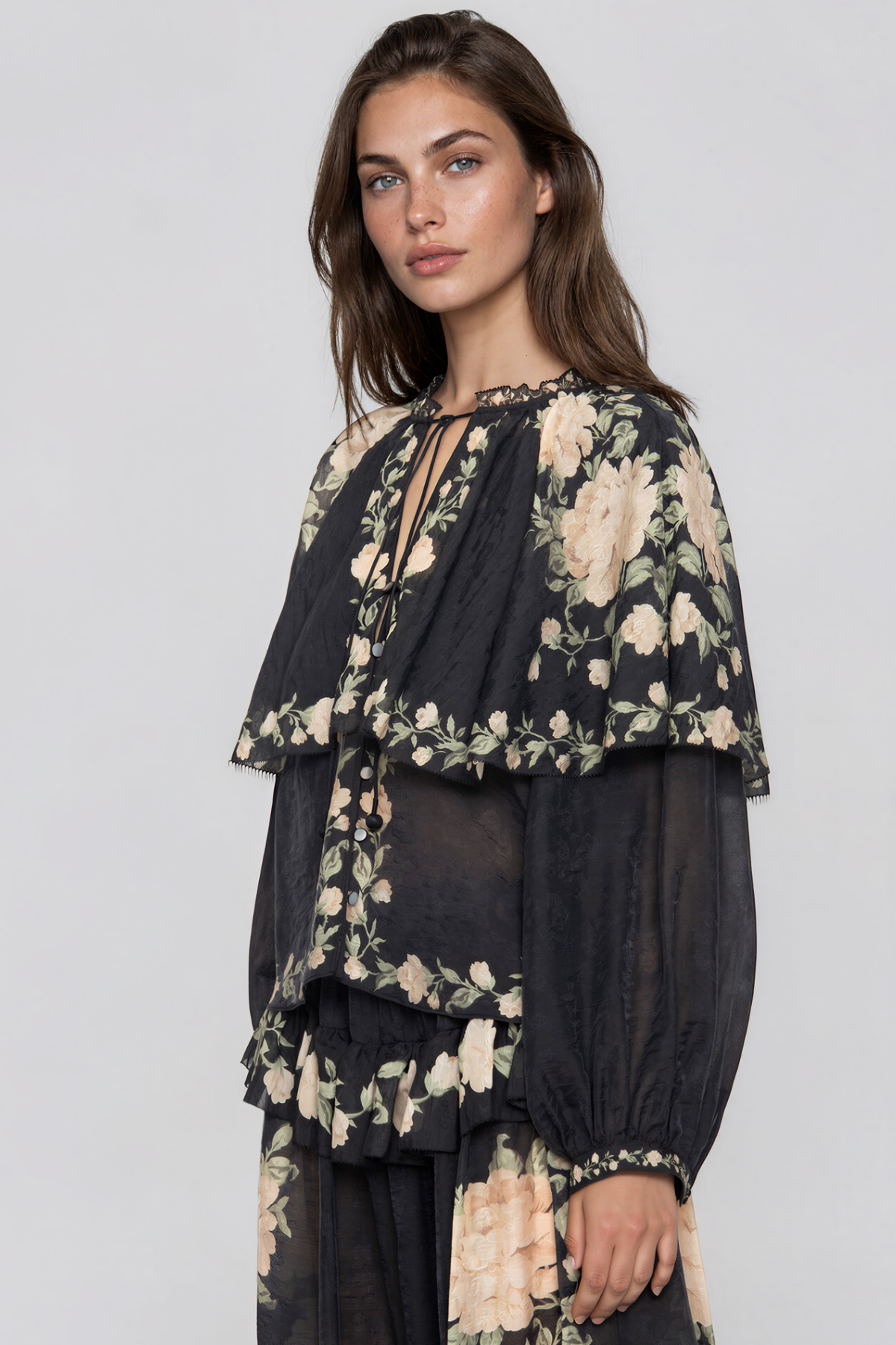Kioko Cape Sleeve Floral Tie Up Ruffle Pants Set