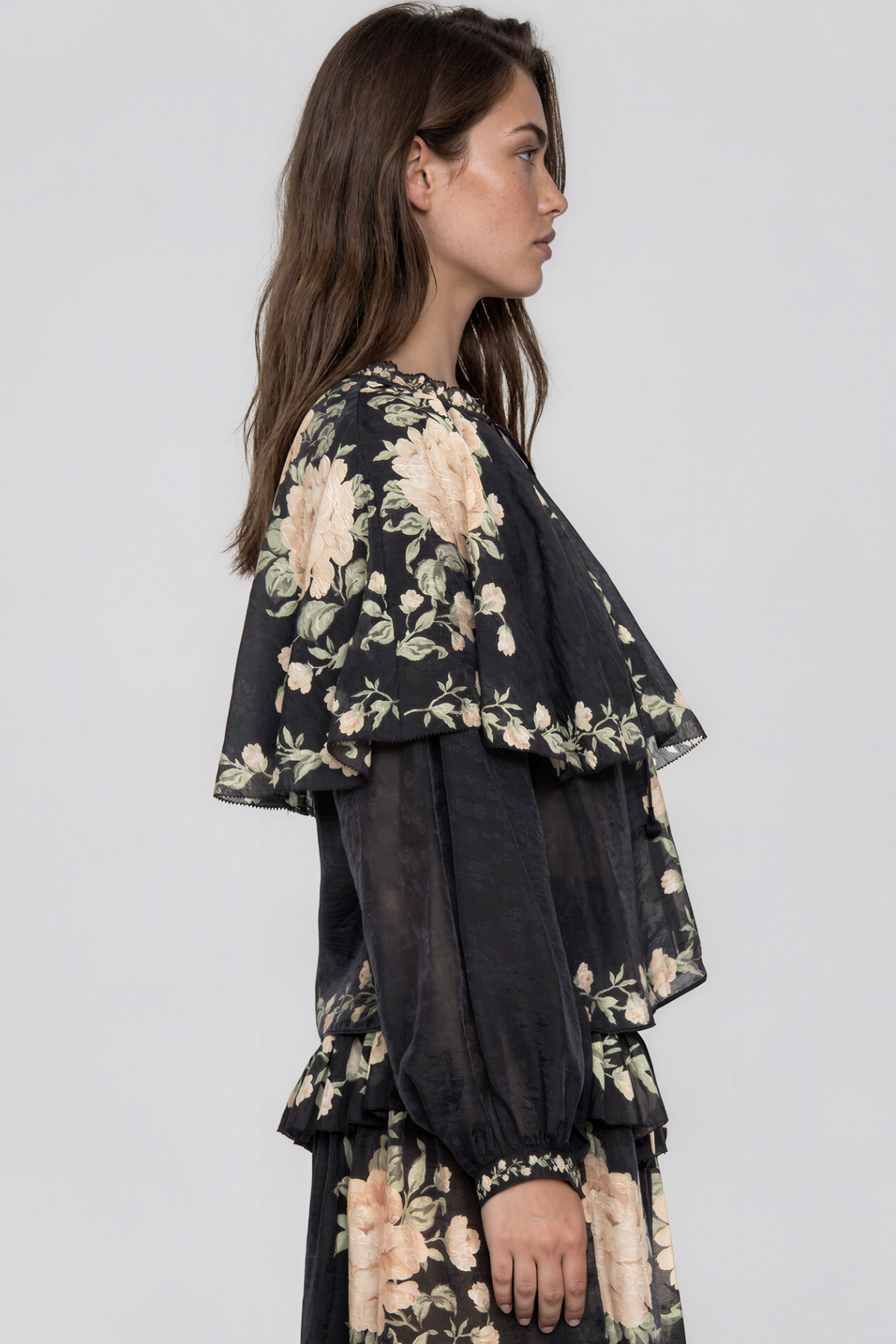 Kioko Cape Sleeve Floral Tie Up Ruffle Pants Set