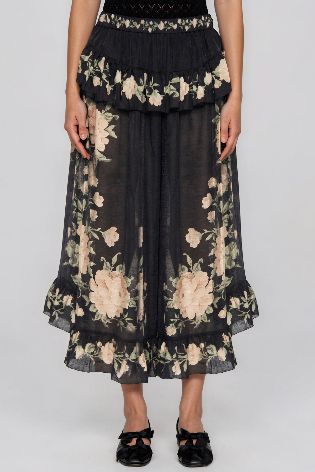 Kioko Cape Sleeve Floral Tie Up Ruffle Pants Set