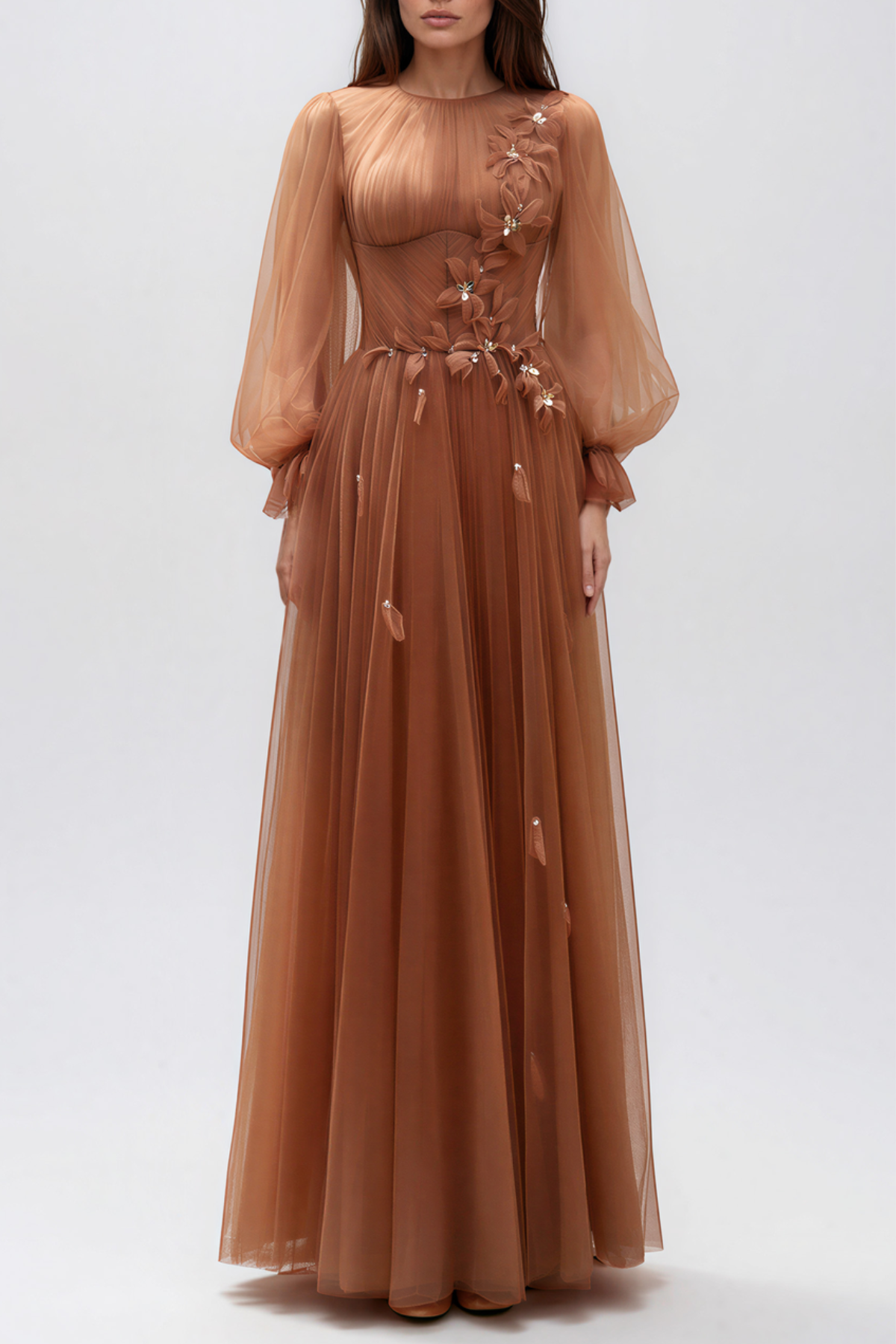 Kioni Balloon Sleeve Flower Ruch Maxi Dress