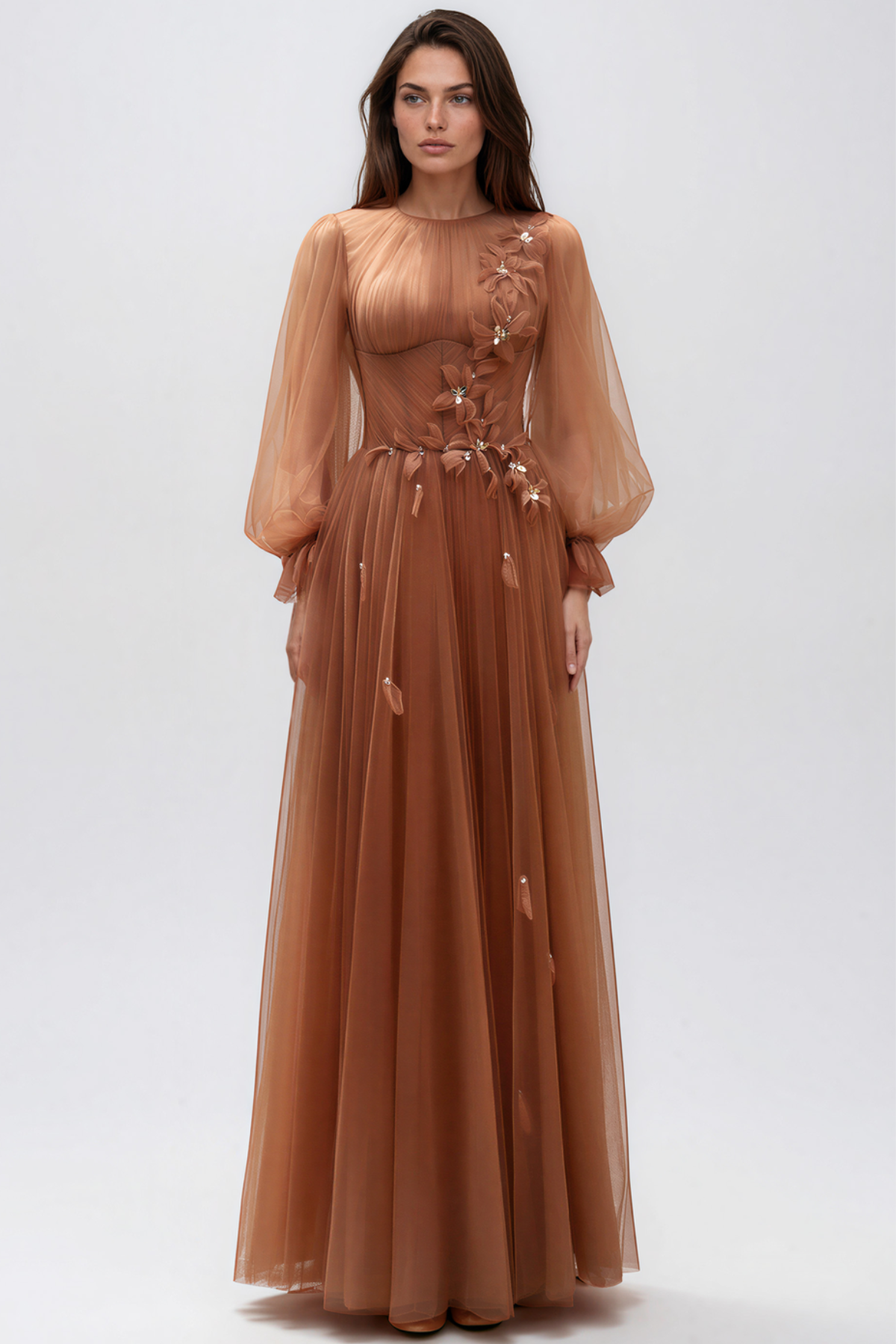 Kioni Balloon Sleeve Flower Ruch Maxi Dress