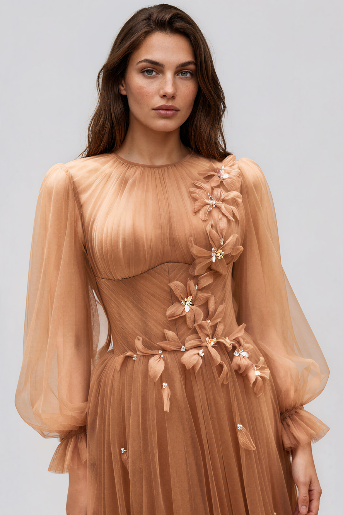 Kioni Balloon Sleeve Flower Ruch Maxi Dress